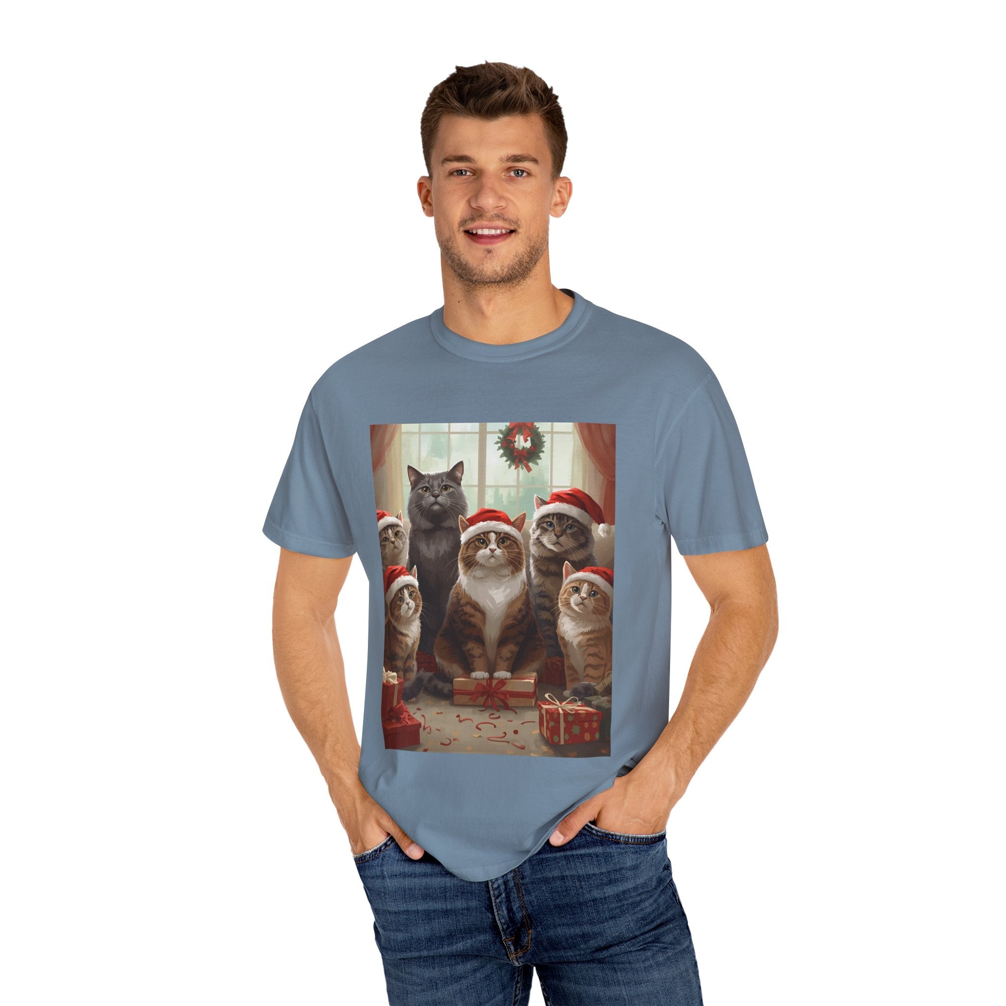 Cute Festive Funny Christmas Cat T-Shirt, Holiday Gift for Cat Lovers, Cute Tee for Winter, Unisex Garment-Dyed Shirt, Christmas Apparel, Festive Outfit