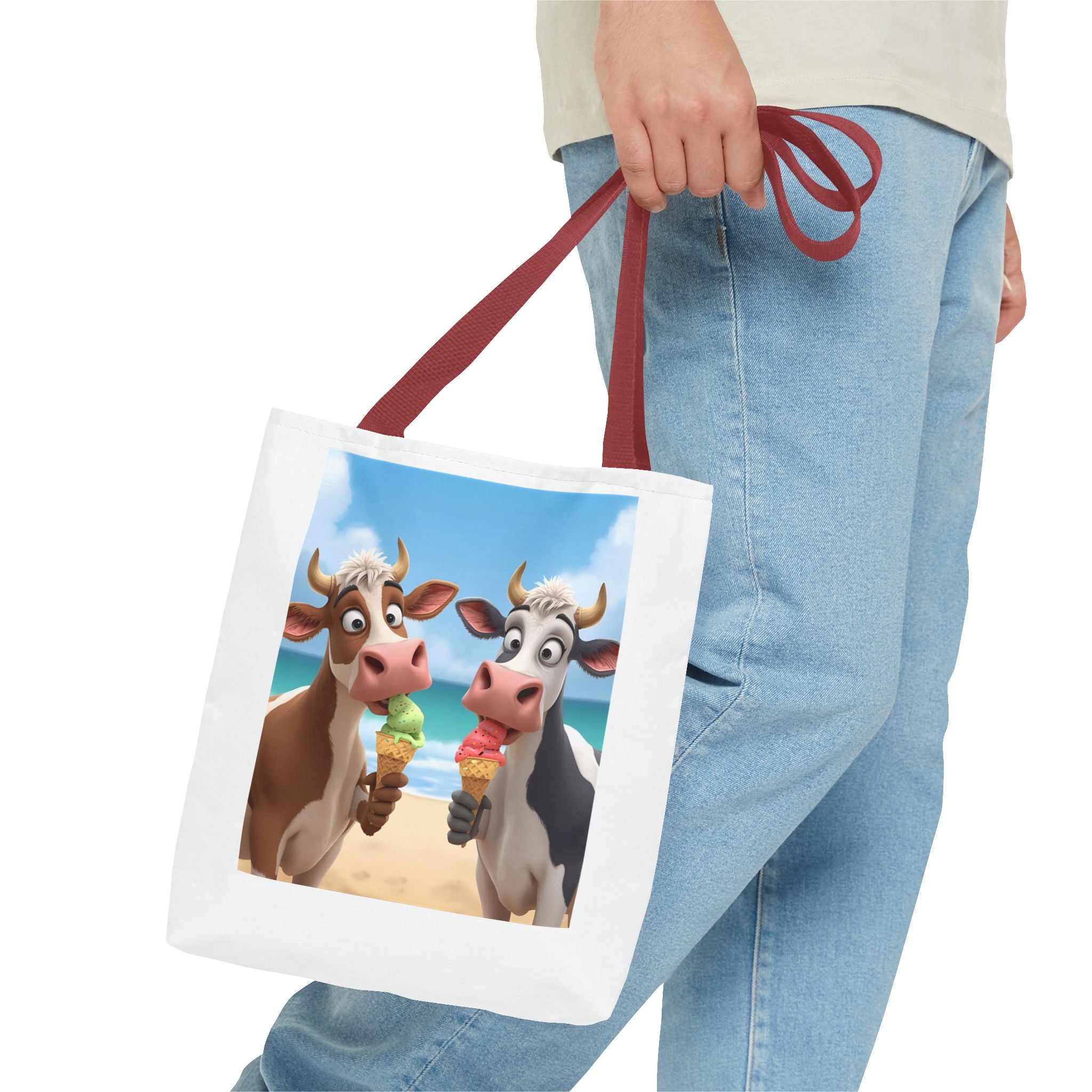 Fun Cartoon Cow Tote Bag for Ice Cream Lovers, Cute Beach Bag, Animal Lover Gift, Summer Accessory, AOP Design