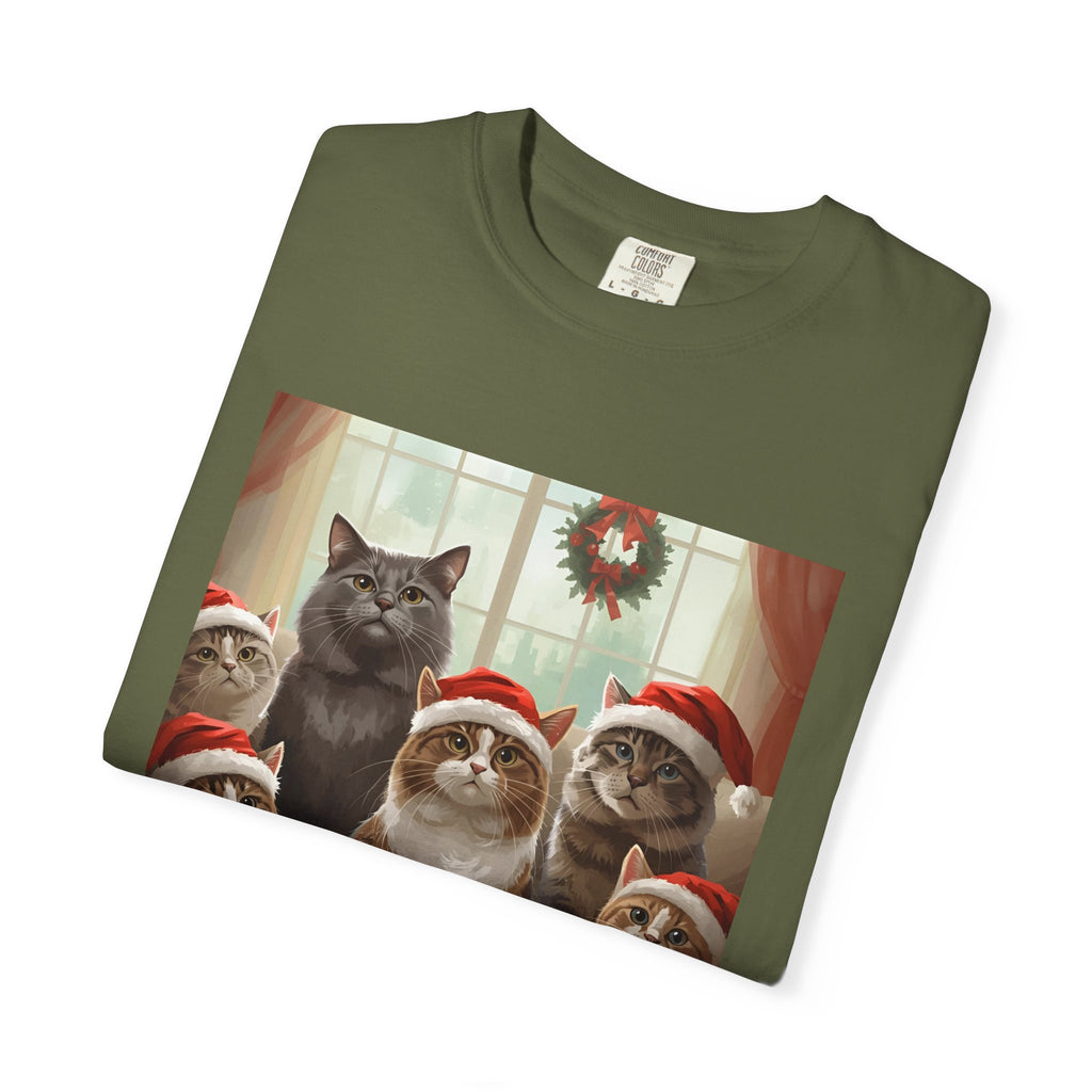 Cute Festive Funny Christmas Cat T-Shirt, Holiday Gift for Cat Lovers, Cute Tee for Winter, Unisex Garment-Dyed Shirt, Christmas Apparel, Festive Outfit