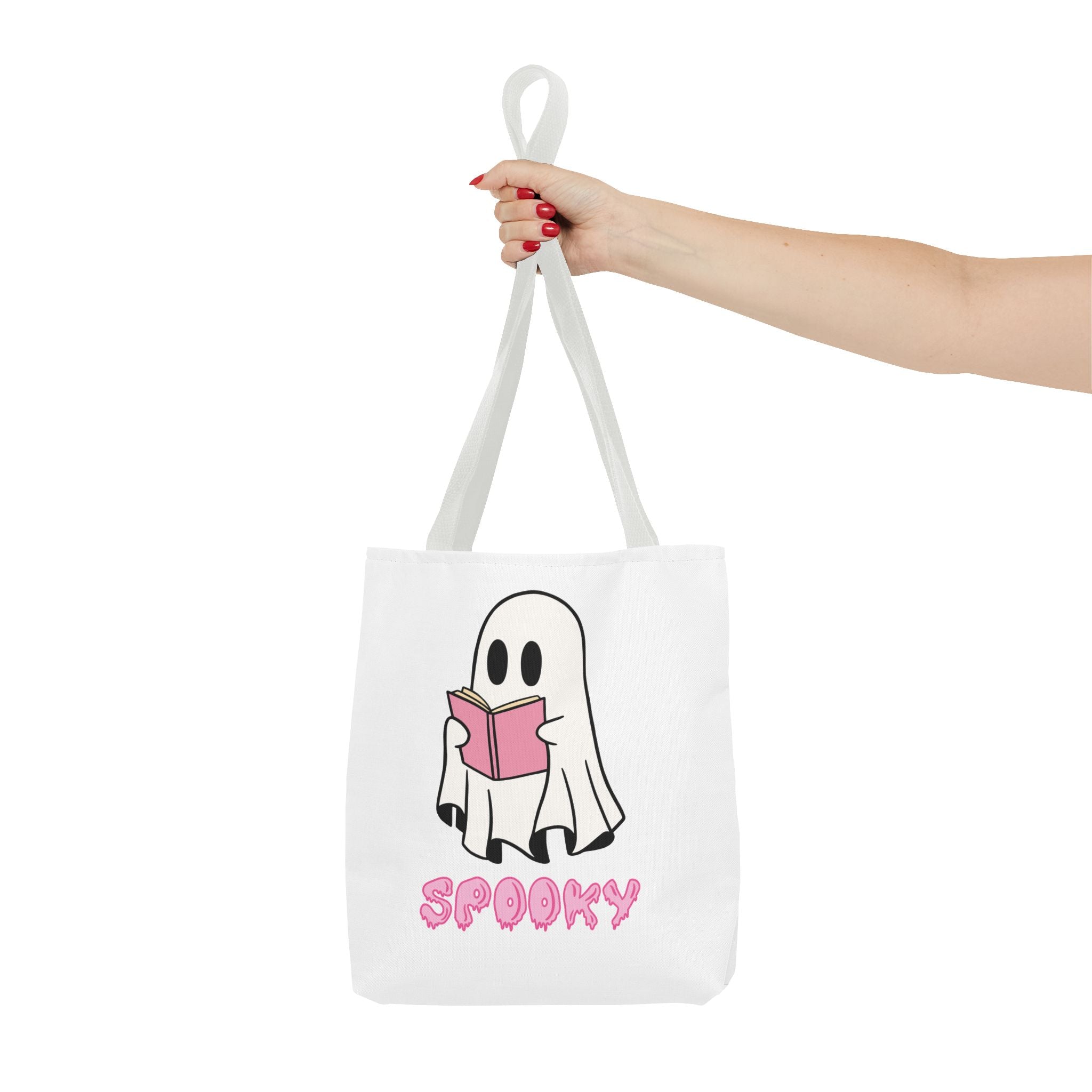 Spooky Ghost Reading Tote Bag | Halloween Accessory, Cute Book Lover Gift, Eco-Friendly, Shopping Bag, AOP Design