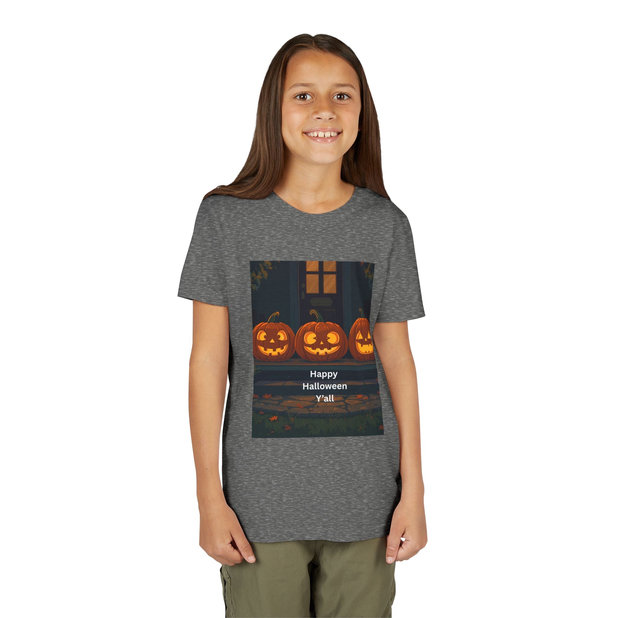 Halloween Pumpkin Youth Tee, Jack-o'-lantern Shirt, Trick or Treat Apparel, Spooky Kids T-Shirt, Halloween Costume Top