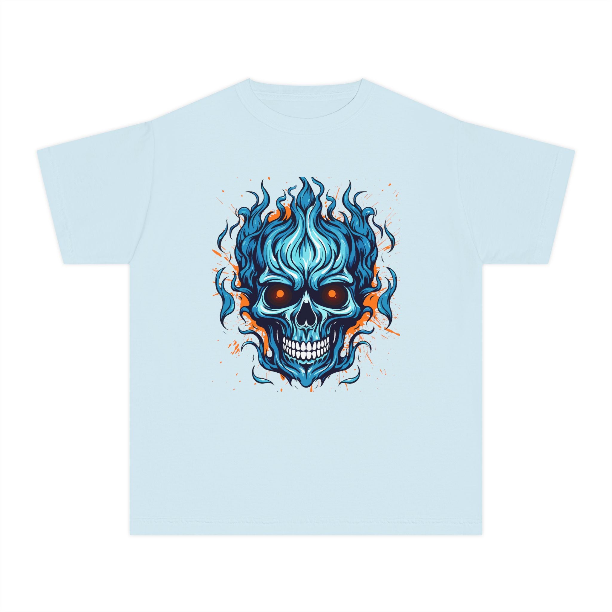 Skull Flame Youth Graphic Skull Tee, Cool Teen Fashion, Edgy Summer Wear, Halloween Costume, Unique Gift for Kids, Casual Everyday Style