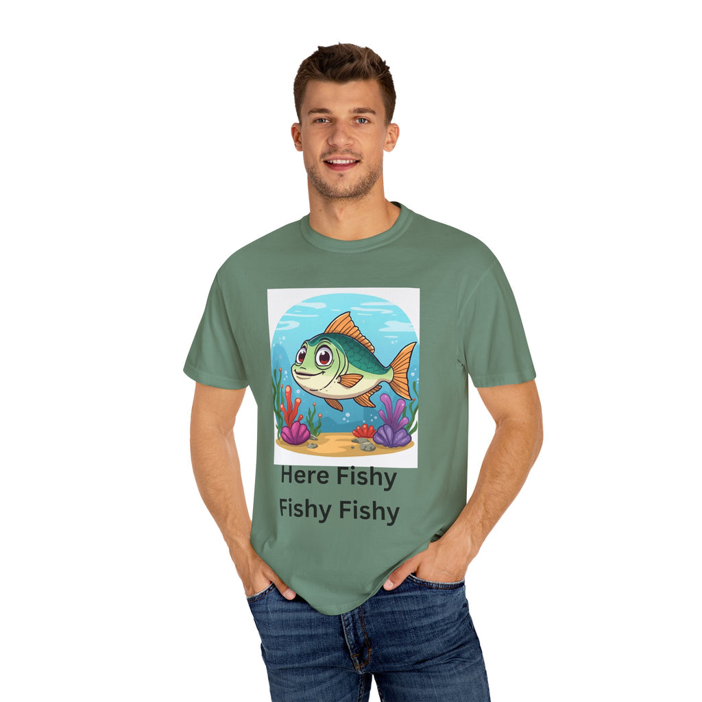 Here Fishy Fishy Fishy Colorful Fish-Themed Unisex T-Shirt, Fun Graphic Tee for Kids and Adults, Perfect for Summer, Fishing Trips, and Gift Giving