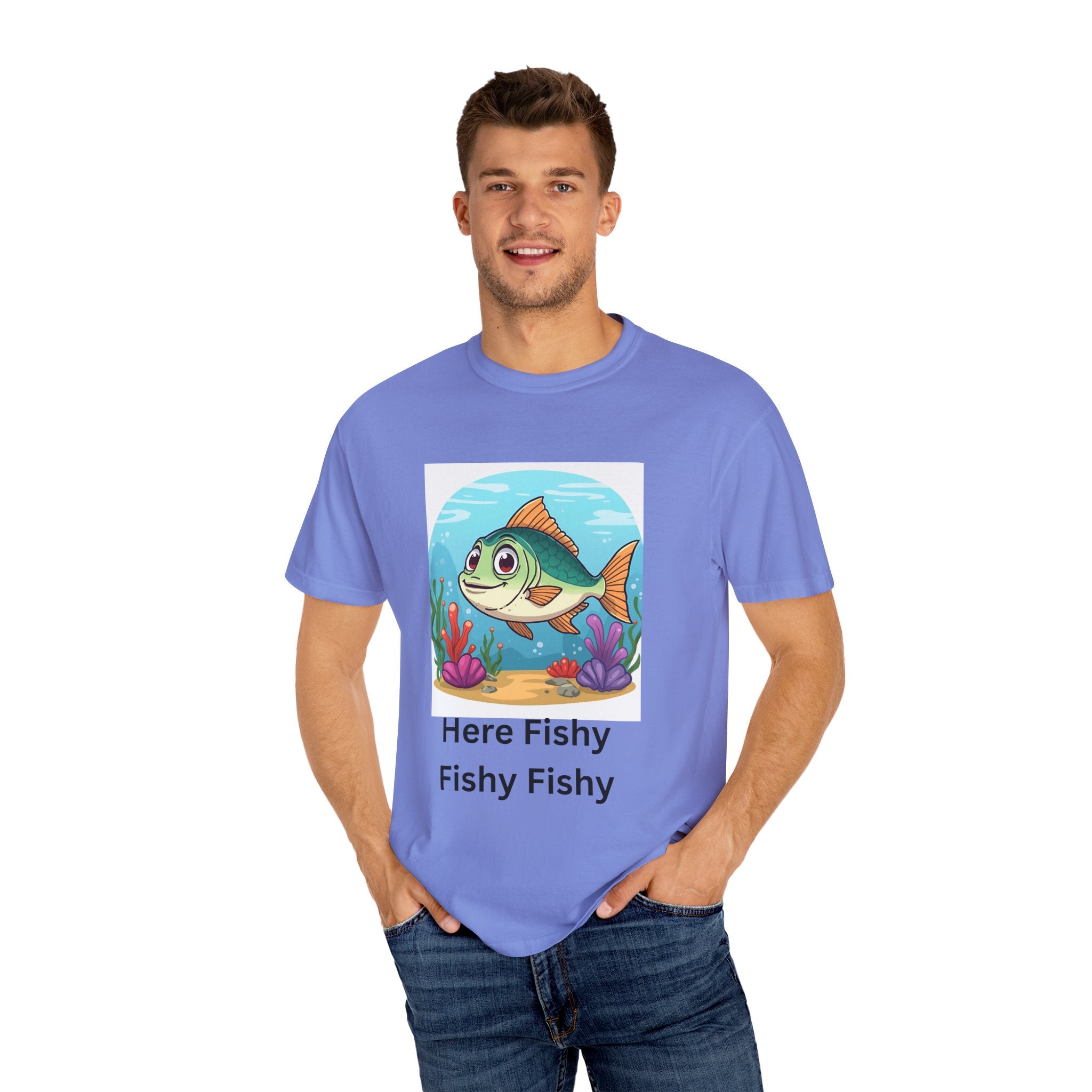 Playful Fish T-Shirt for Nature Lovers, Here Fishy Fishy Fishy Tee, Unisex Casual Wear, Perfect for Birthdays, Summer Fun, Beach Outings