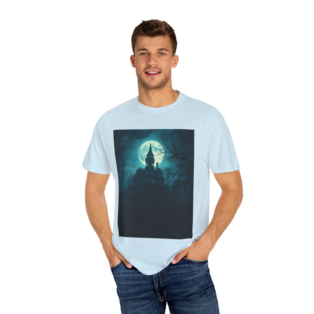 Haunted Moonlight Spooky Castle Graphic Tee | Unisex Garment-Dyed T-shirt, Halloween Shirt, Graphic Tee, Casual Wear, Gift for Ghost Lovers