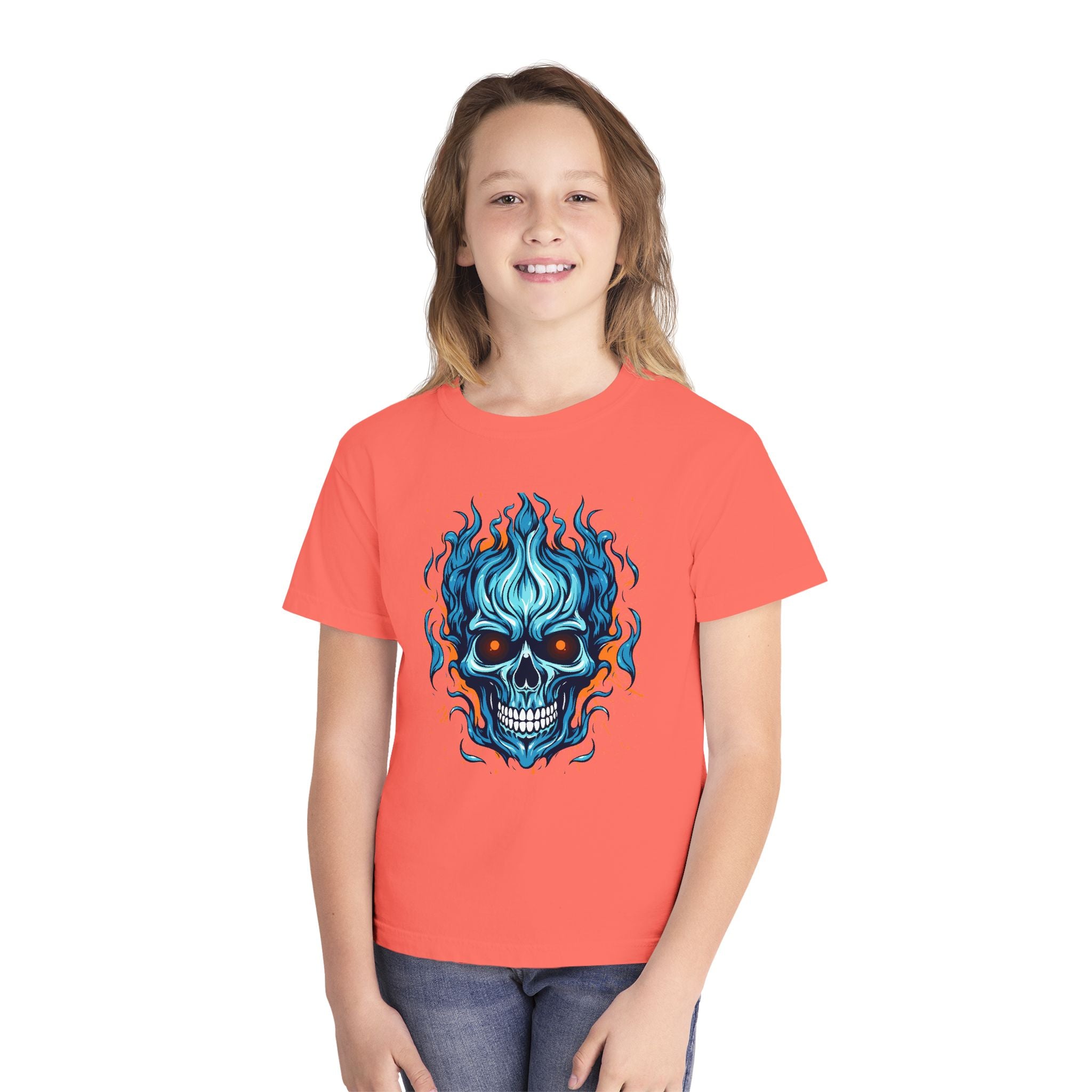Skull Flame Youth Graphic Skull Tee, Cool Teen Fashion, Edgy Summer Wear, Halloween Costume, Unique Gift for Kids, Casual Everyday Style