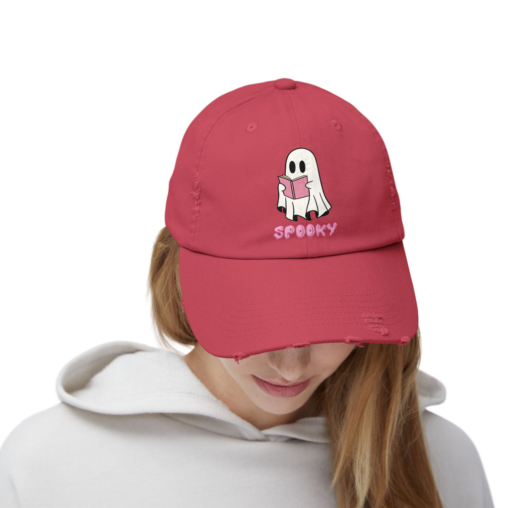 Spooky Ghost Reading Distressed Cap, Halloween Hat, Cute Adjustable Cap, Casual Everyday Wear, Trendy Fashion Accessory