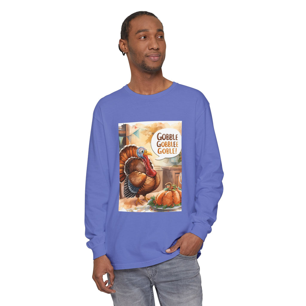 Thanksgiving Long Sleeve T-Shirt with Turkey Design, Fall Apparel, Holiday Gift, Family Gathering Shirt, Gobble Gobble Tee