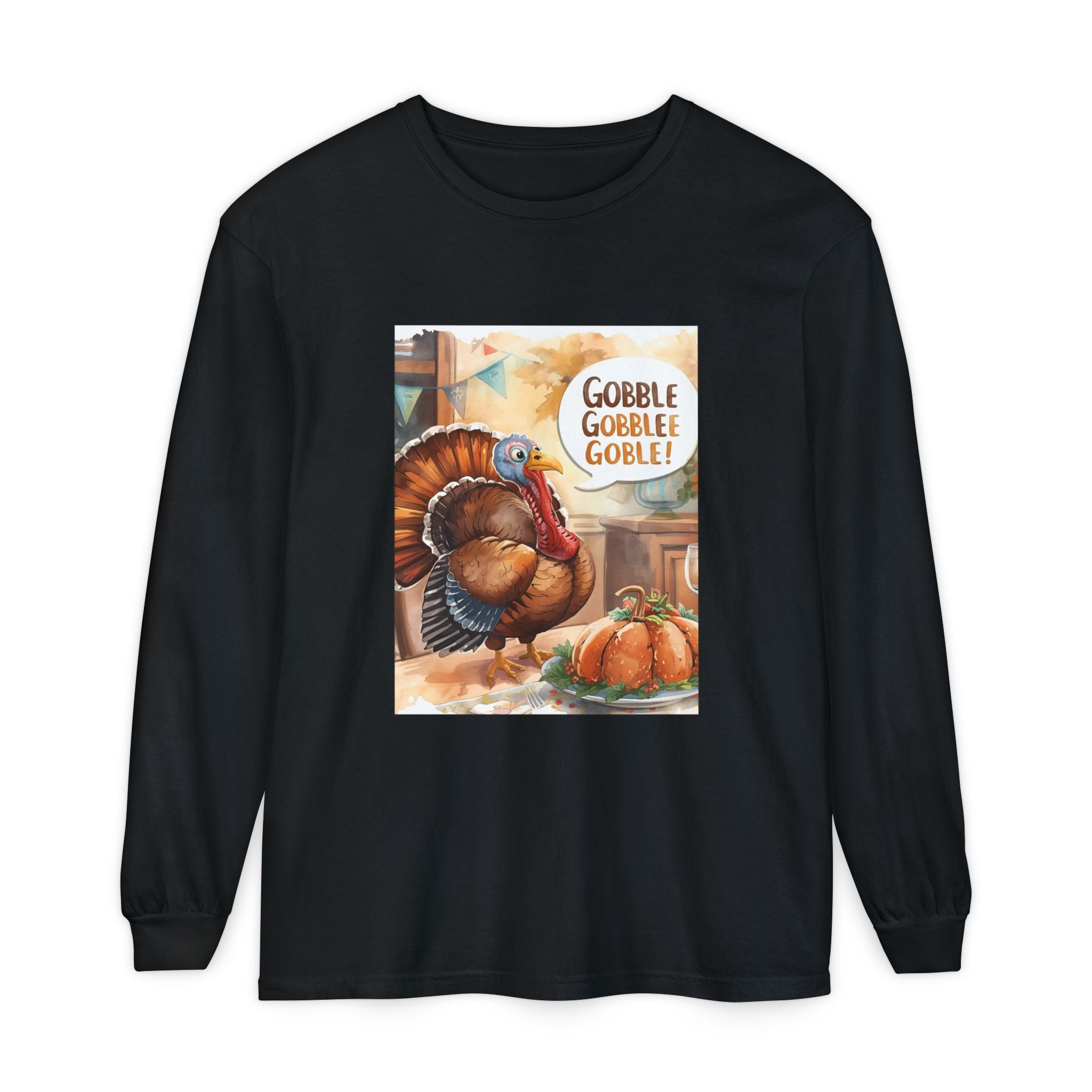 Thanksgiving Long Sleeve T-Shirt with Turkey Design, Fall Apparel, Holiday Gift, Family Gathering Shirt, Gobble Gobble Tee