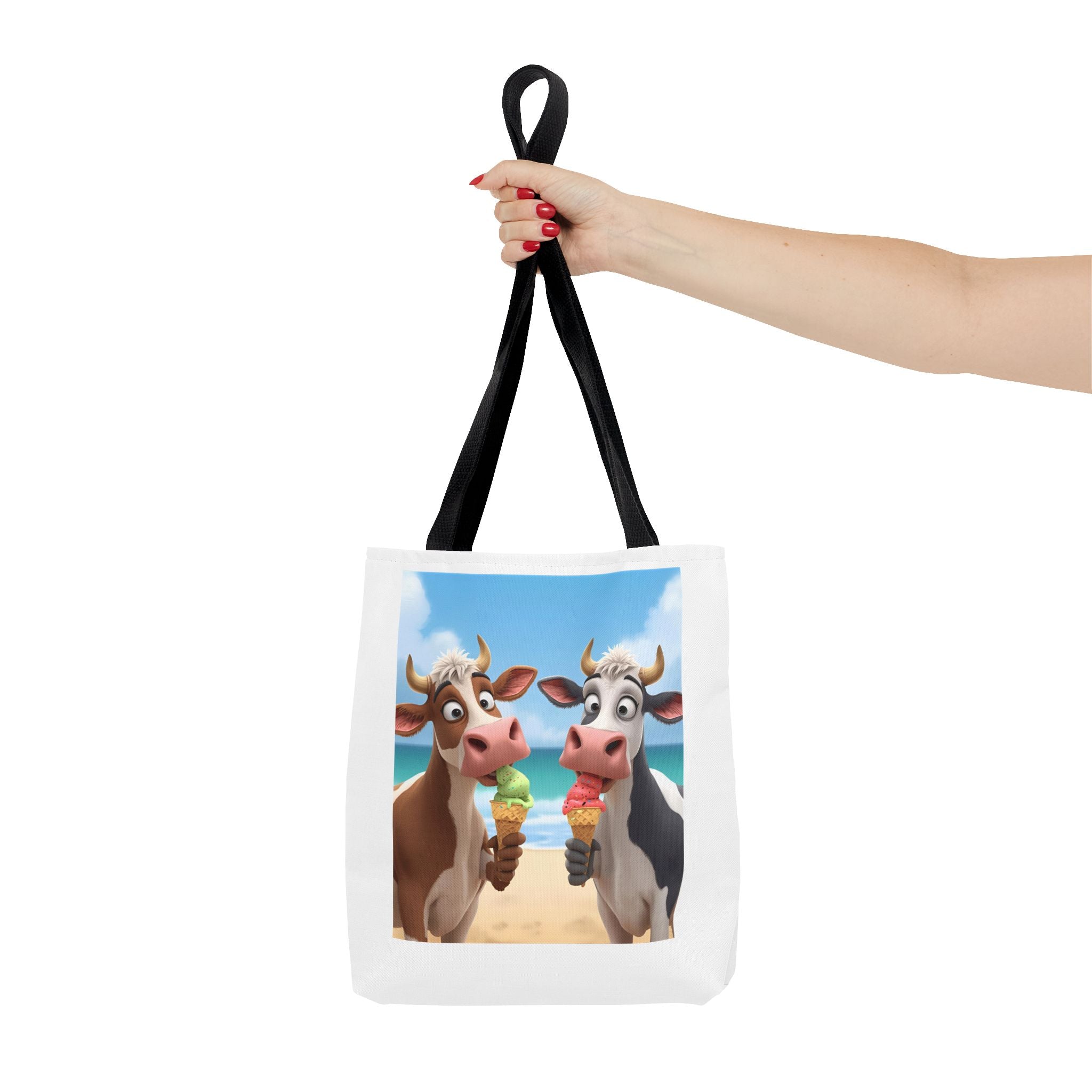 Fun Cartoon Cow Tote Bag for Ice Cream Lovers, Cute Beach Bag, Animal Lover Gift, Summer Accessory, AOP Design