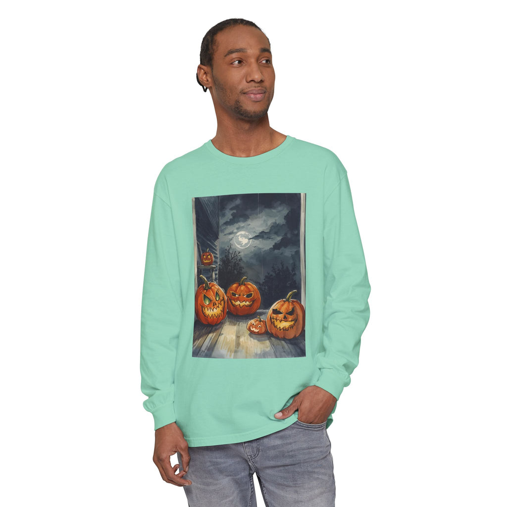 Halloween Pumpkin Scary Unisex Garment-dyed Long Sleeve T-Shirt