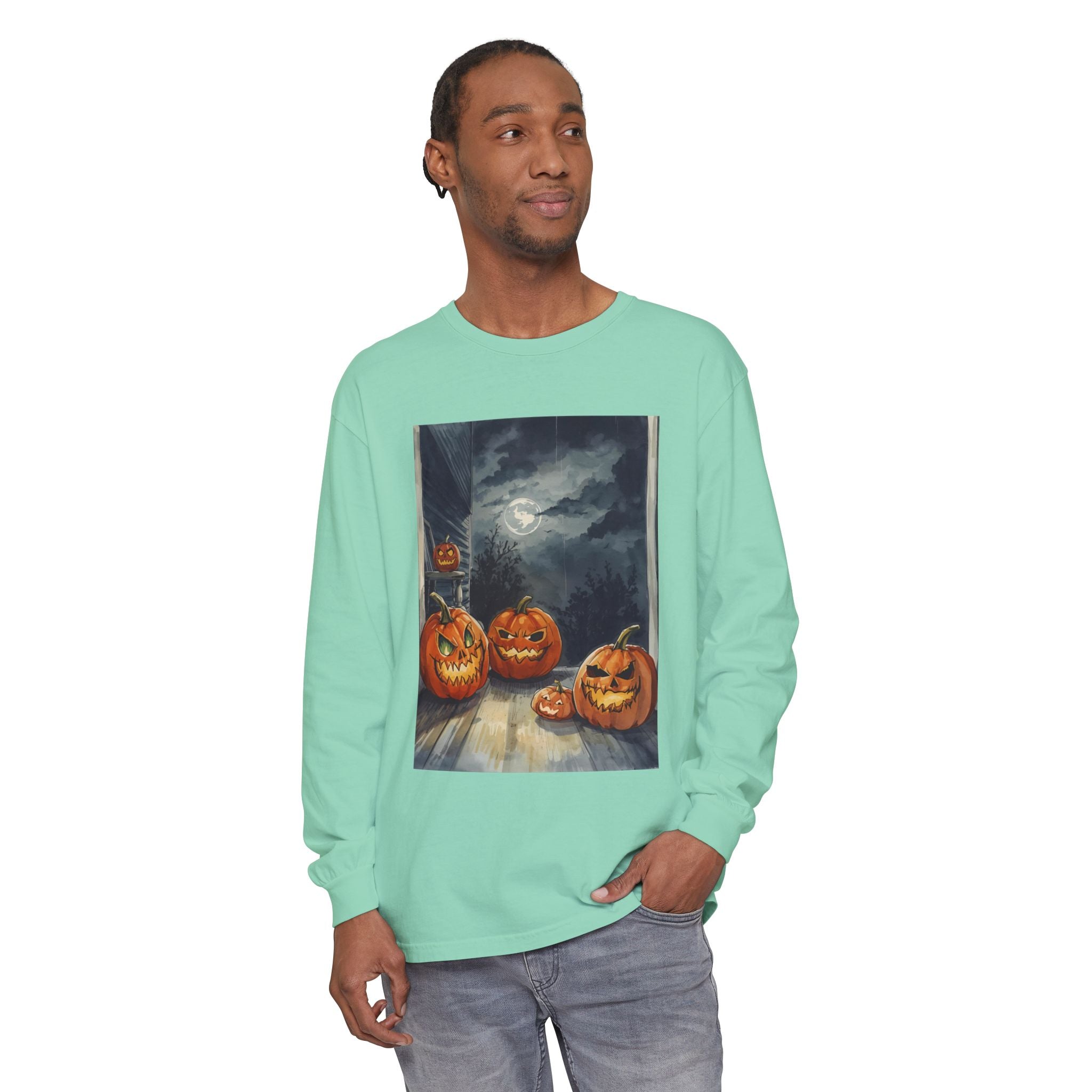 Halloween Pumpkin Scary Unisex Garment-dyed Long Sleeve T-Shirt