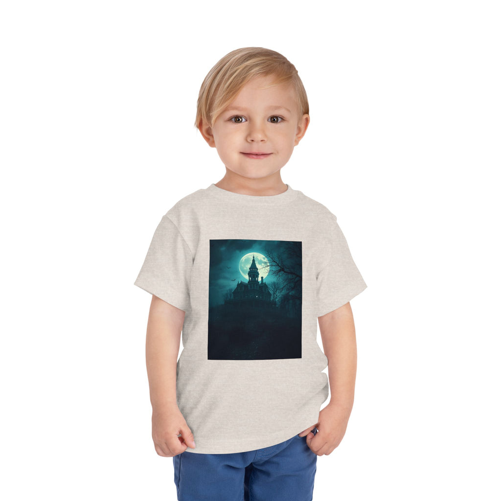 Haunted Moonlight Toddler Halloween Short Sleeve Tee, Ghostly Castle Shirt, Spooky Toddler Tee, Kids Halloween Costume Top, Fall Festivity Apparel