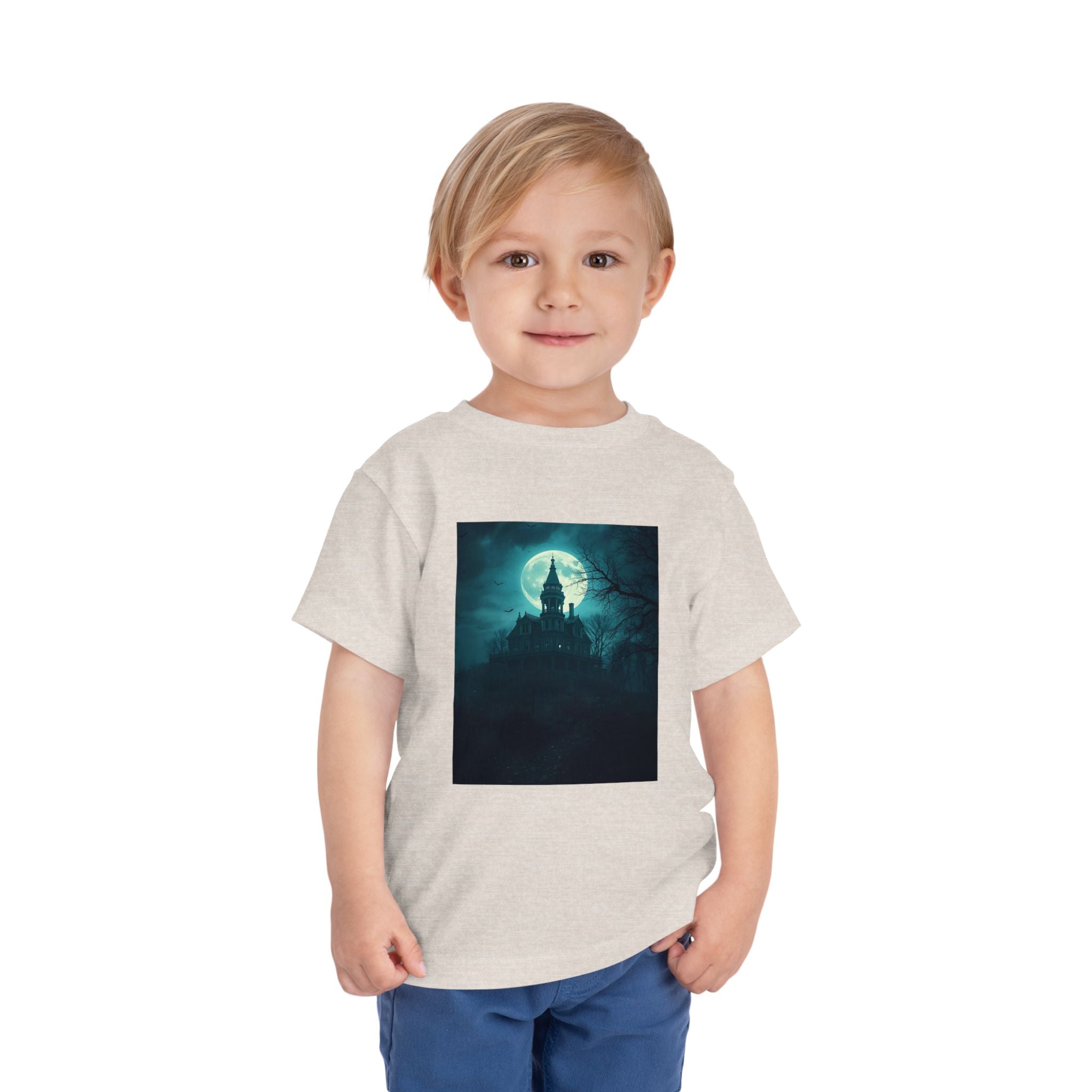 Haunted Moonlight Toddler Halloween Short Sleeve Tee, Ghostly Castle Shirt, Spooky Toddler Tee, Kids Halloween Costume Top, Fall Festivity Apparel