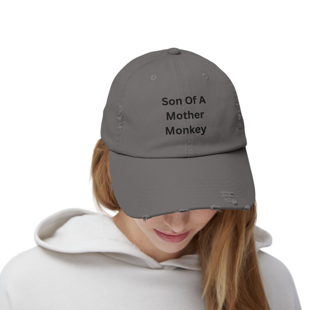 Unisex Distressed Cap featuring 'Son Of A Mother Monkey', Funny Gift, Casual Style, Birthday Hat, Everyday Wear, Unique Statement Cap