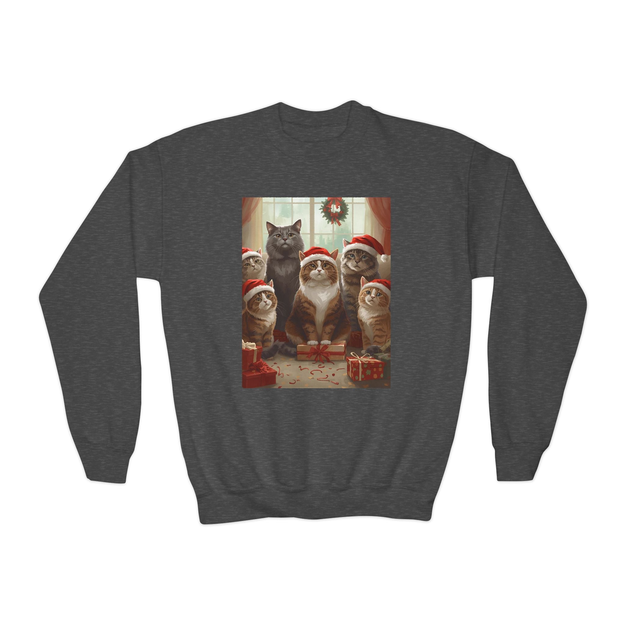 Cute Festive Christmas Cat Youth Crewneck Sweatshirt