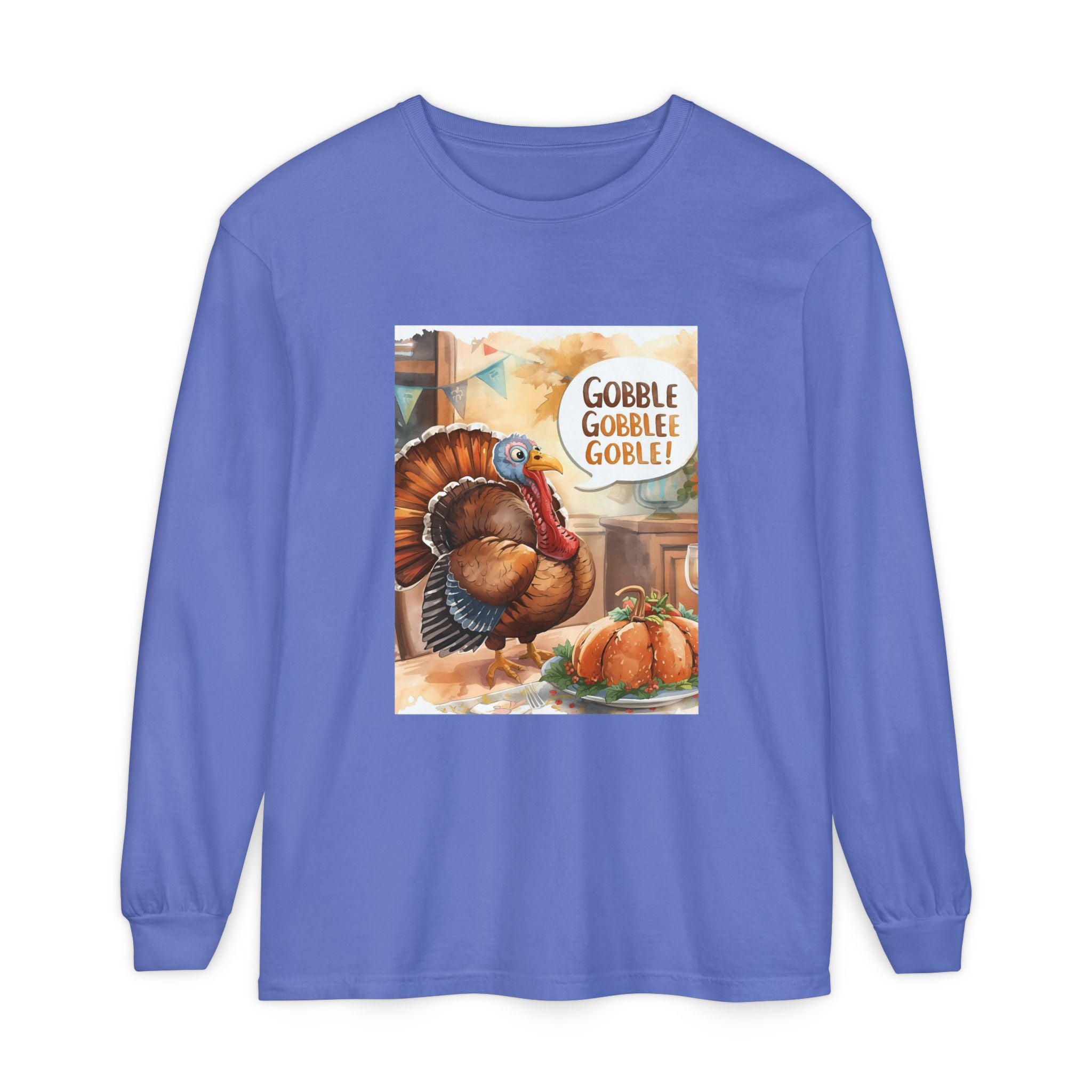Thanksgiving Long Sleeve T-Shirt with Turkey Design, Fall Apparel, Holiday Gift, Family Gathering Shirt, Gobble Gobble Tee