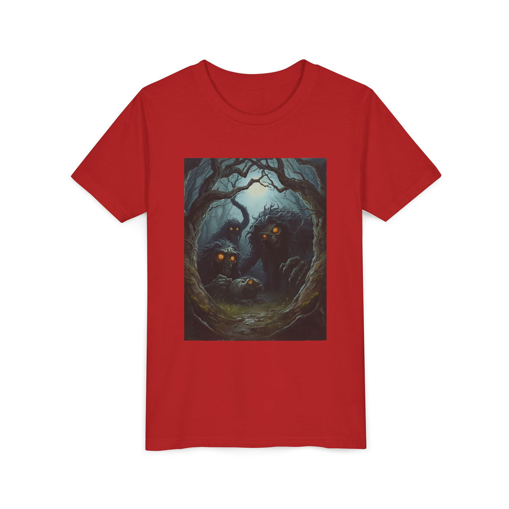 Spooky Mystical Forest Creatures Youth Tee, Cool Graphic T-Shirt, Kids Nature Shirt, Unique Gift for Boys & Girls, Perfect for Halloween