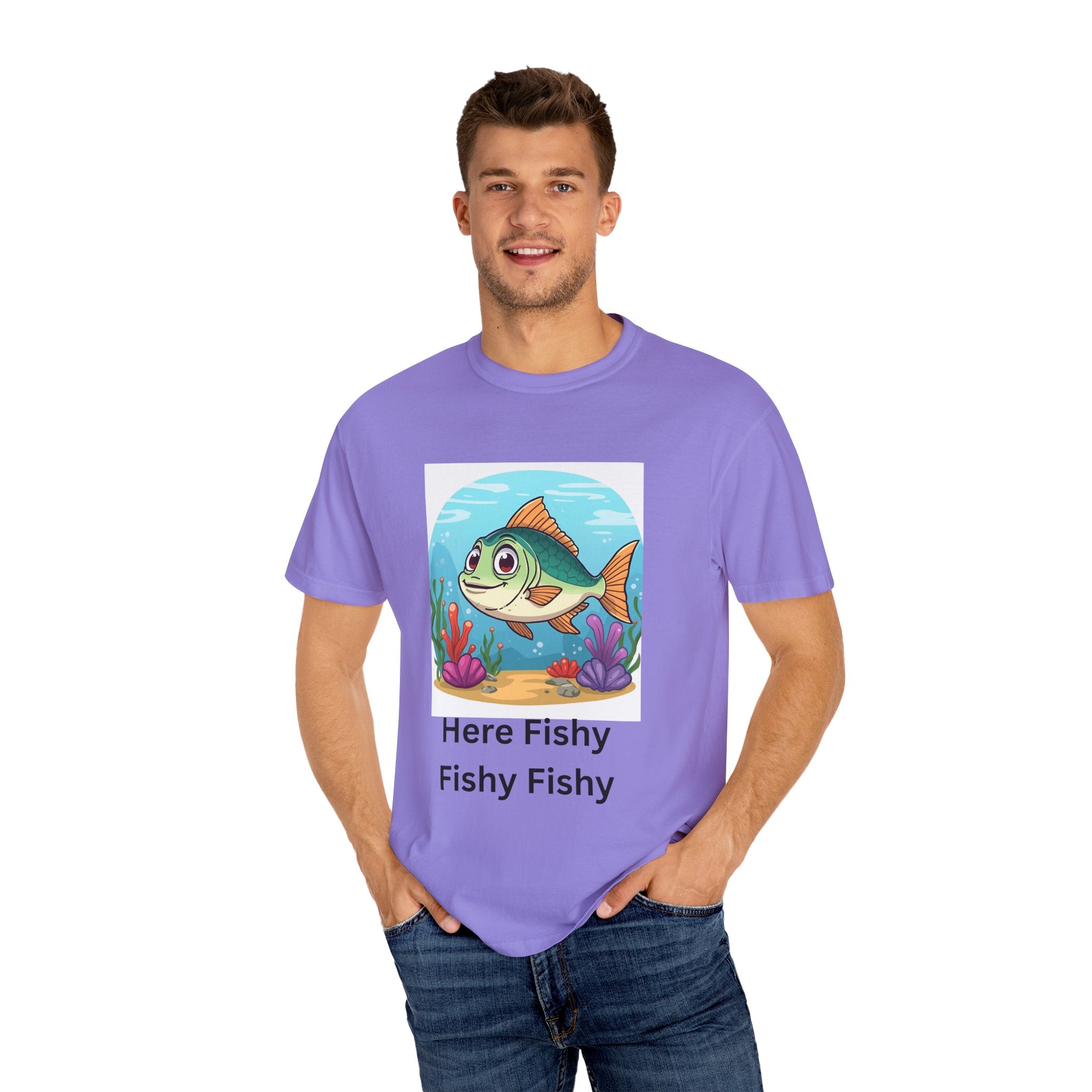 Playful Fish T-Shirt for Nature Lovers, Here Fishy Fishy Fishy Tee, Unisex Casual Wear, Perfect for Birthdays, Summer Fun, Beach Outings
