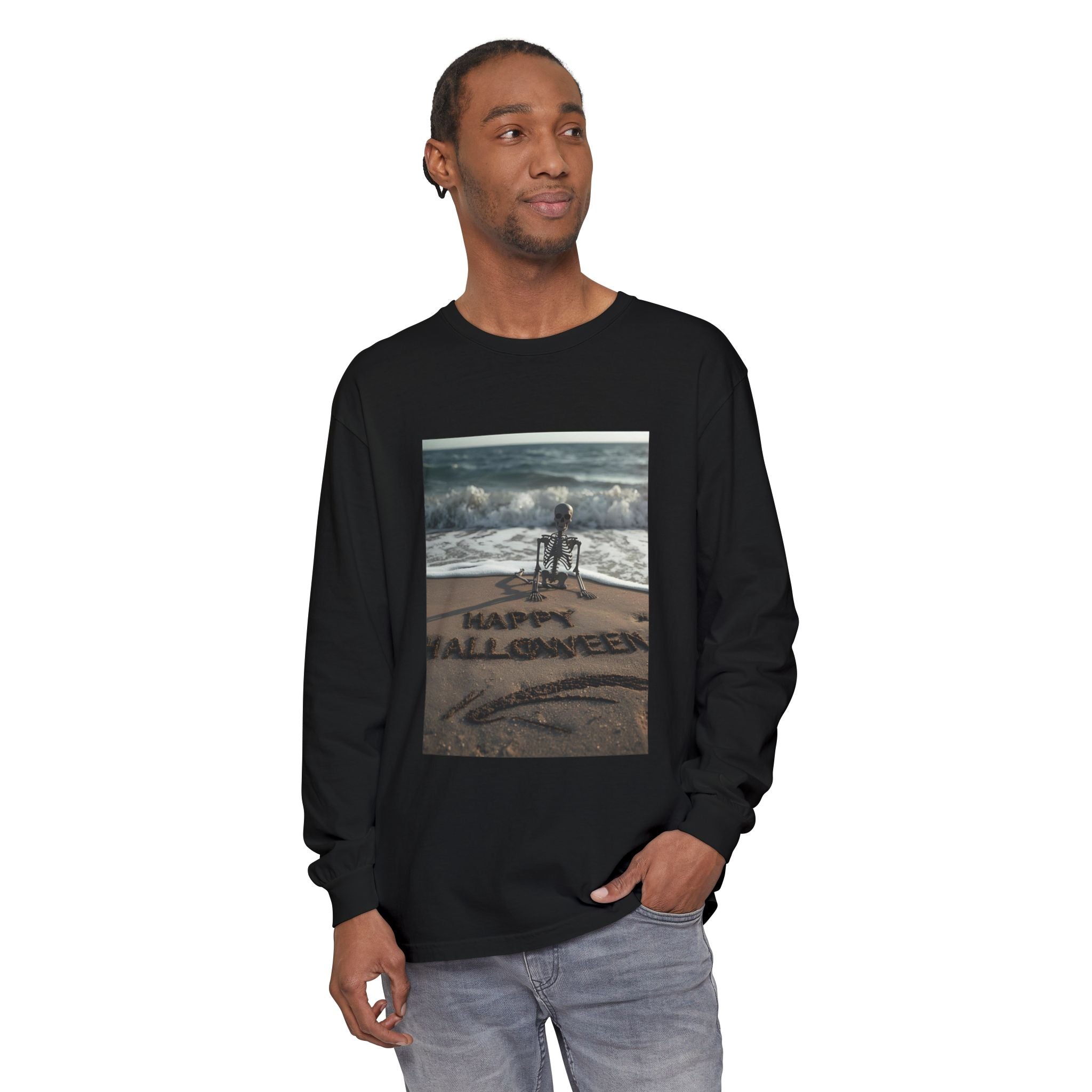 Happy Halloween Beach Skeleton Vibes Unisex Garment-dyed Long Sleeve T-Shirt