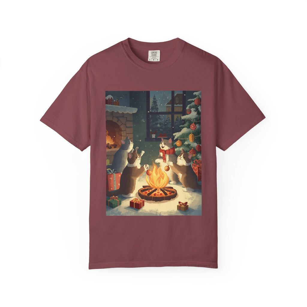 Cozy Cat Campfire T-shirt, Unisex Garment-Dyed Tee, Holiday Gift, Cat Lover Gift, Cute Winter T-shirt, Cozy Nightwear, Christmas Shirt