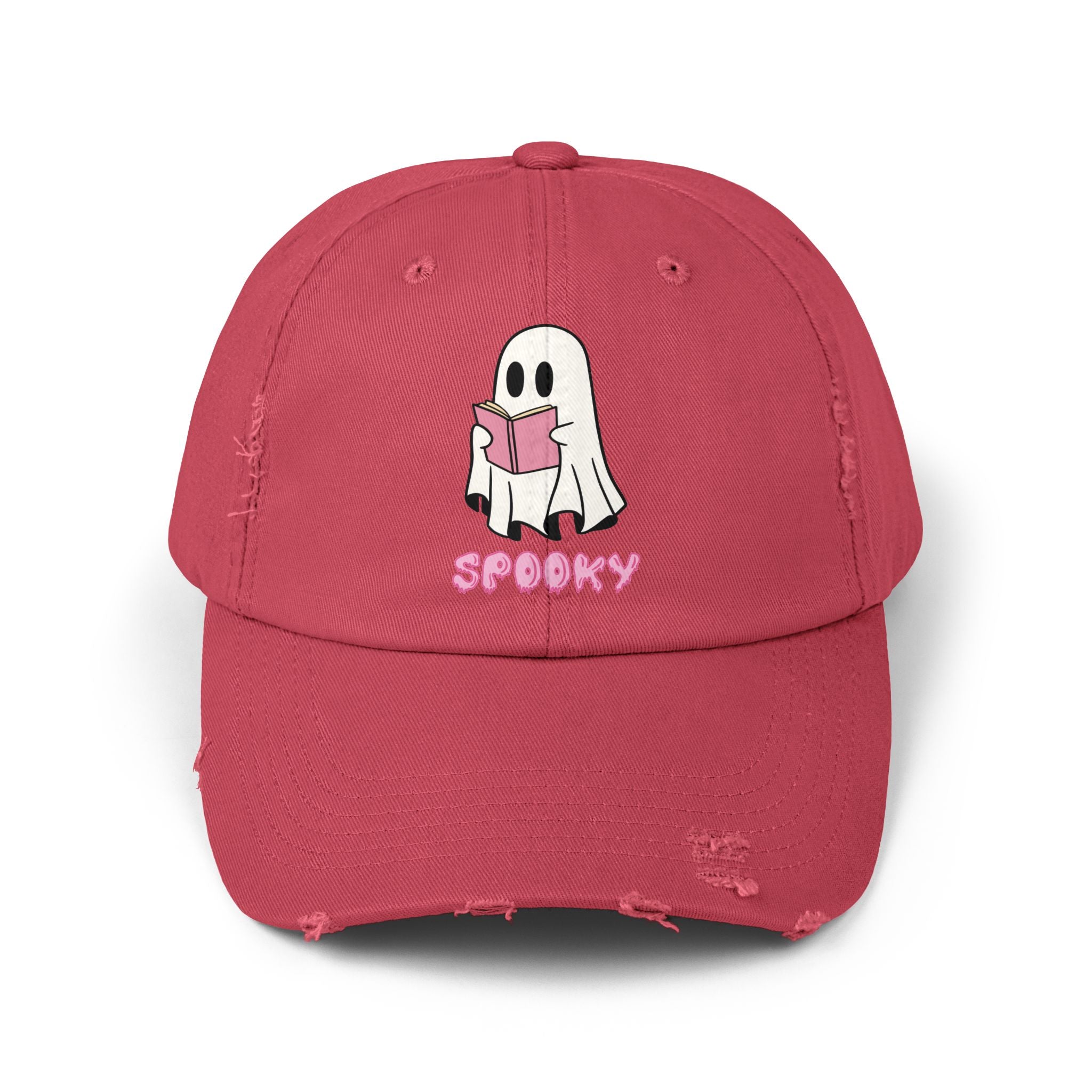 Spooky Ghost Reading Distressed Cap, Halloween Hat, Cute Adjustable Cap, Casual Everyday Wear, Trendy Fashion Accessory