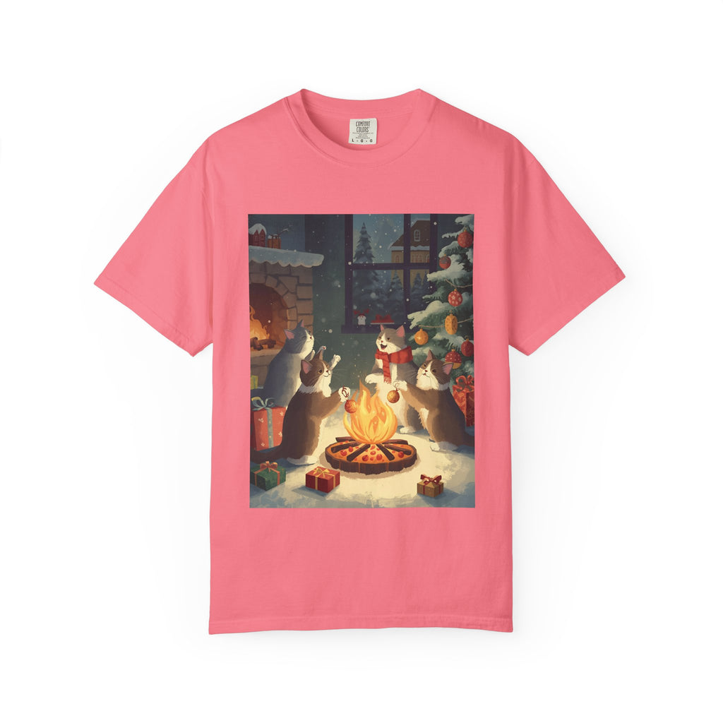 Cozy Cat Campfire T-shirt, Unisex Garment-Dyed Tee, Holiday Gift, Cat Lover Gift, Cute Winter T-shirt, Cozy Nightwear, Christmas Shirt