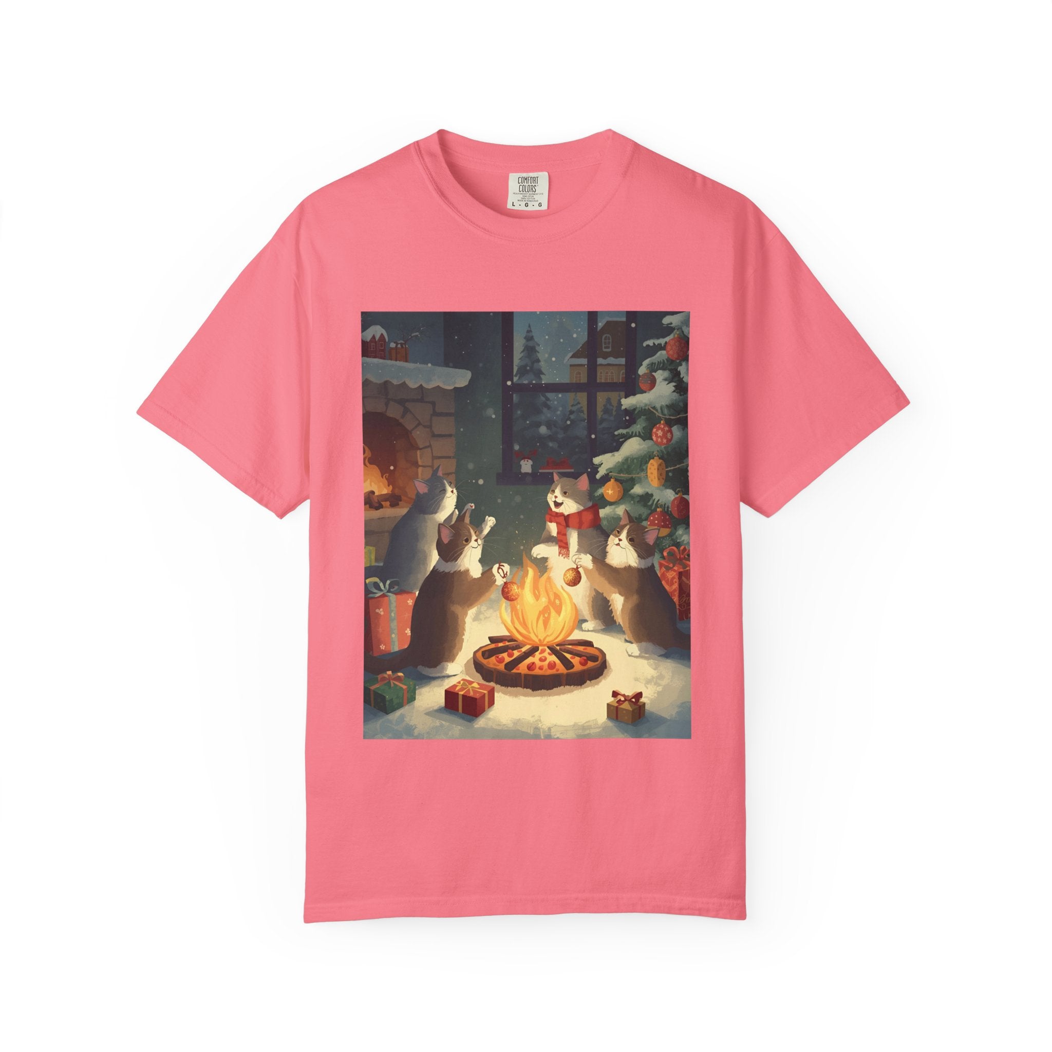 Cozy Cat Campfire T-shirt, Unisex Garment-Dyed Tee, Holiday Gift, Cat Lover Gift, Cute Winter T-shirt, Cozy Nightwear, Christmas Shirt
