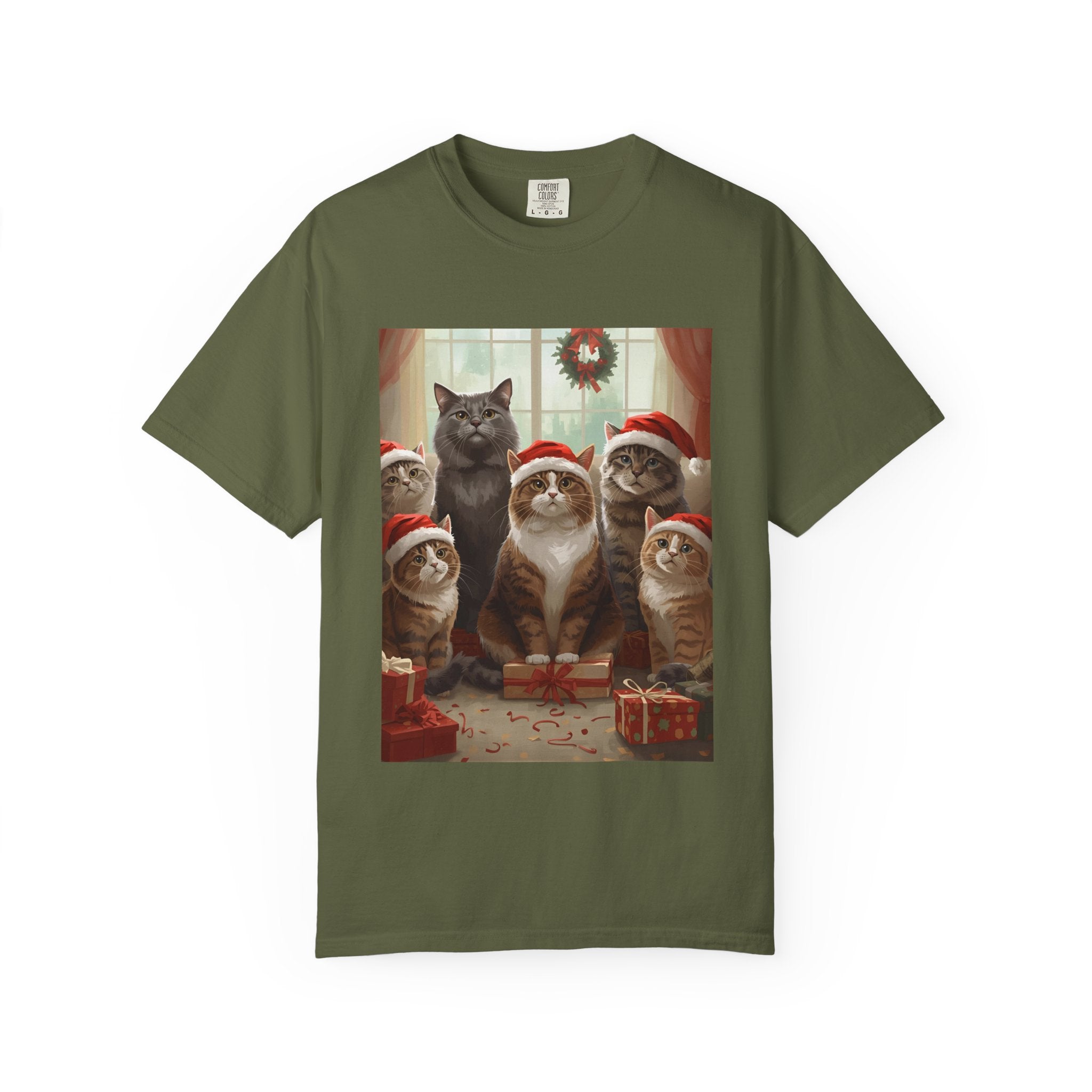 Cute Festive Funny Christmas Cat T-Shirt, Holiday Gift for Cat Lovers, Cute Tee for Winter, Unisex Garment-Dyed Shirt, Christmas Apparel, Festive Outfit
