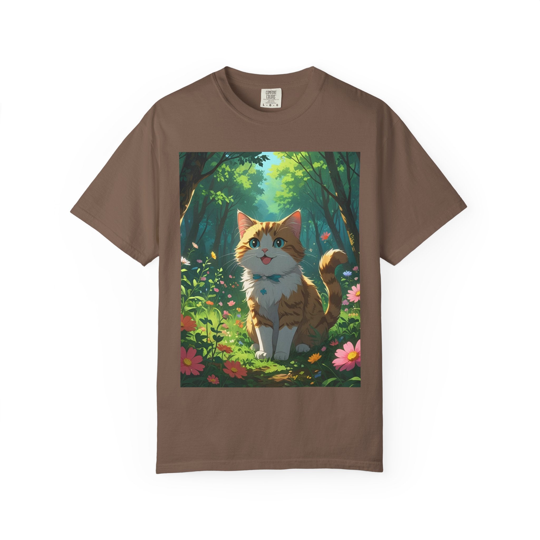 Whimsical Cat In Forest T-Shirt | Nature Lover Gift, Cute Pet Shirt, Animal Art Tee, Summer Outfit, Eco-Friendly Fashion