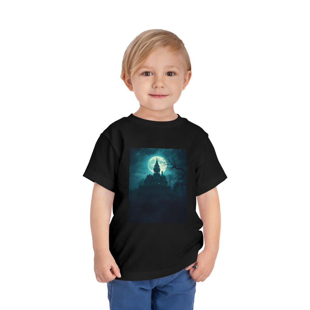 Haunted Moonlight Toddler Halloween Short Sleeve Tee, Ghostly Castle Shirt, Spooky Toddler Tee, Kids Halloween Costume Top, Fall Festivity Apparel
