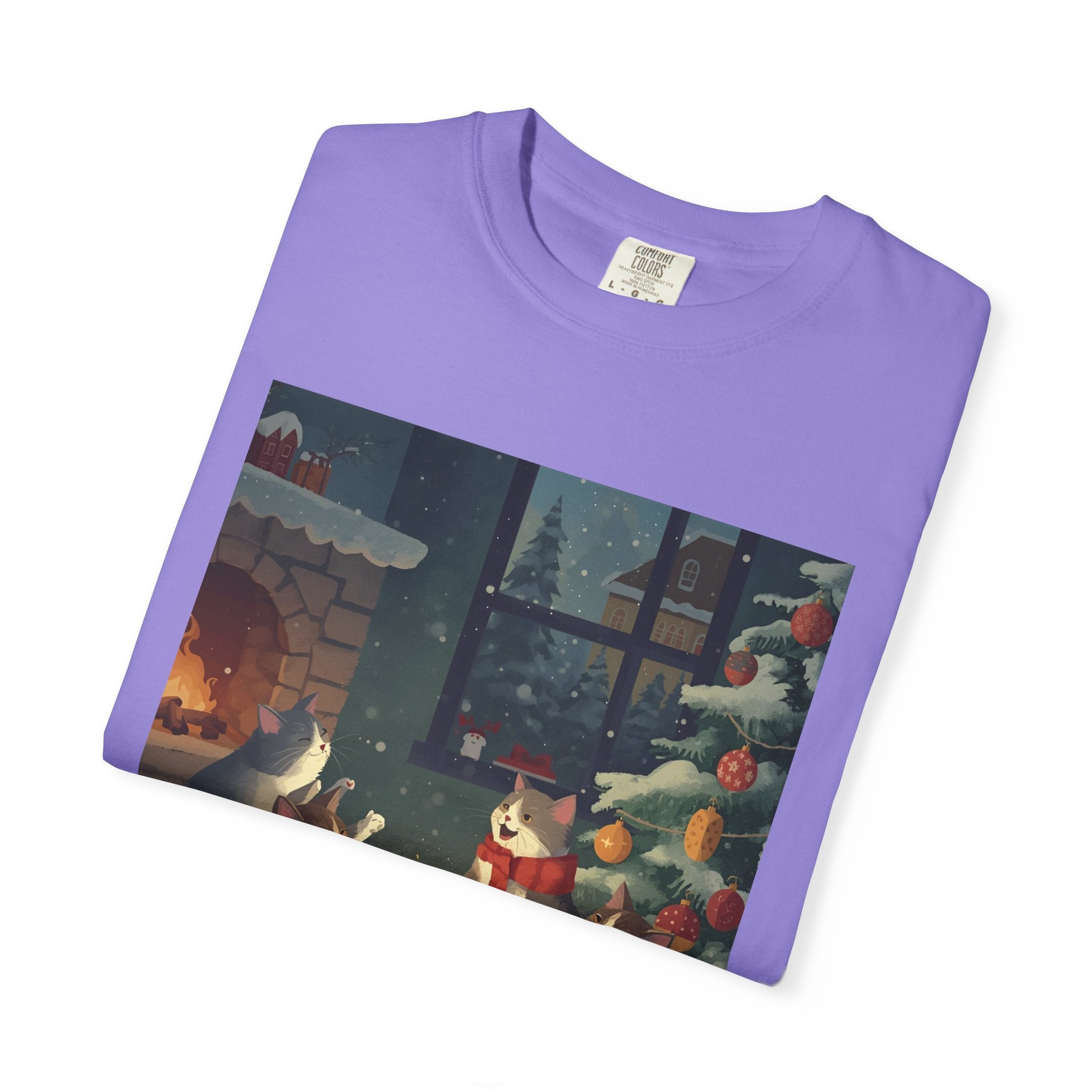 Cozy Cat Campfire T-shirt, Unisex Garment-Dyed Tee, Holiday Gift, Cat Lover Gift, Cute Winter T-shirt, Cozy Nightwear, Christmas Shirt
