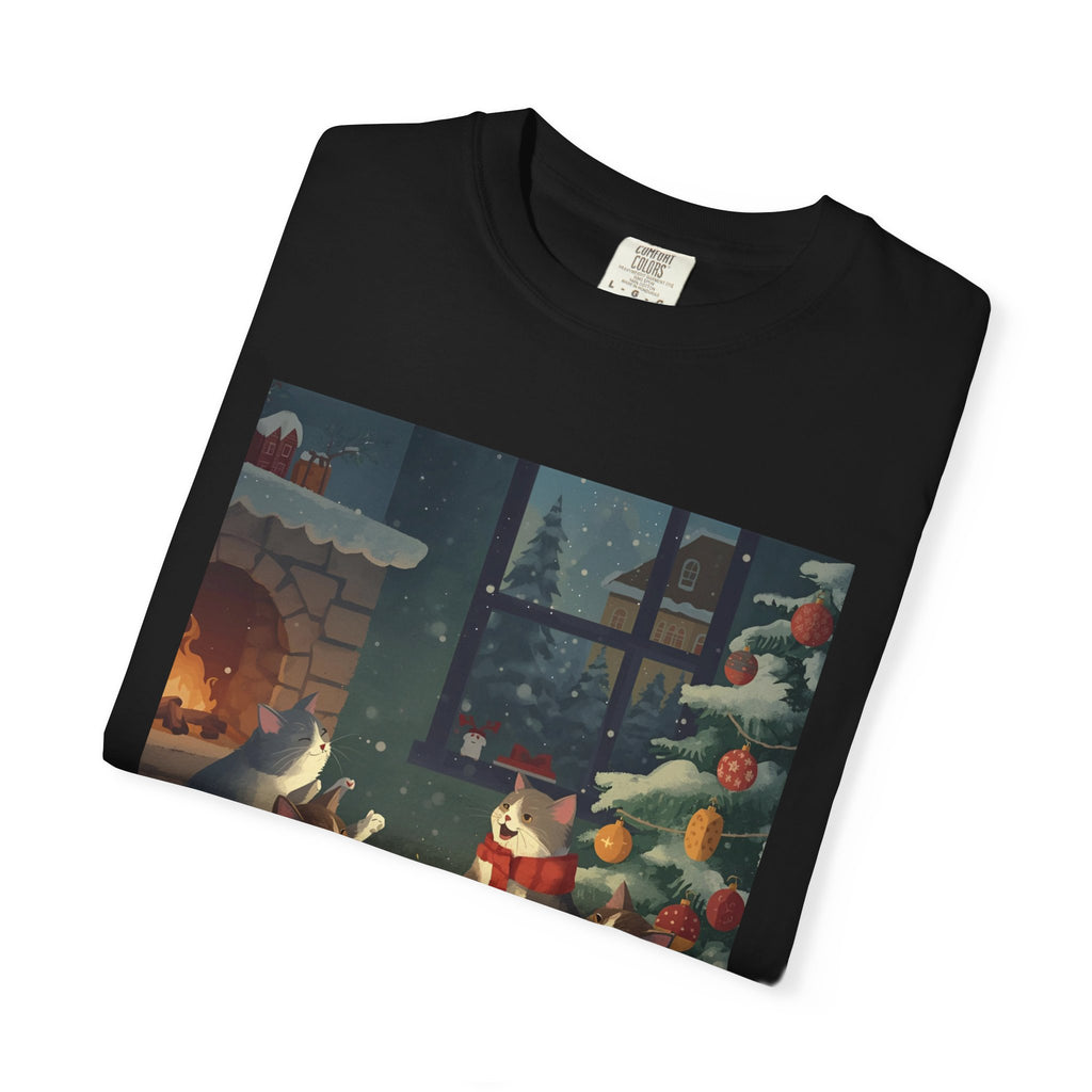 Cozy Winter Cat T-shirt, Unisex Garment-Dyed Shirt, Holiday Gift, Christmas Apparel, Cat Lover Tee, Festive Casual Wear