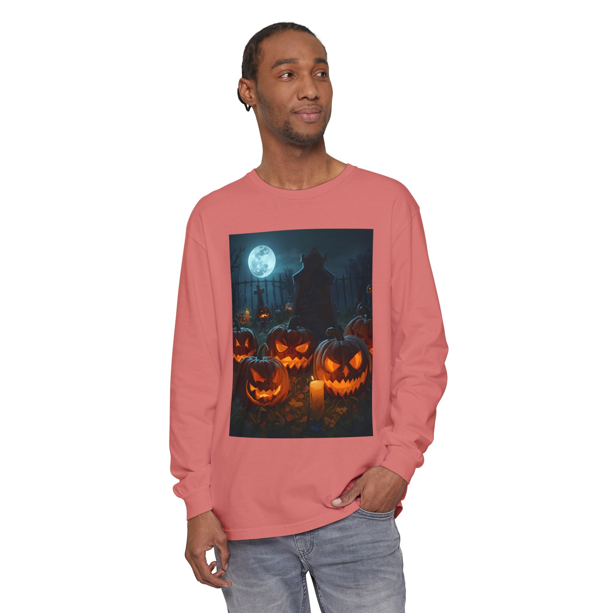 Scary Halloween Pumpkin Unisex Garment-dyed Long Sleeve T-Shirt