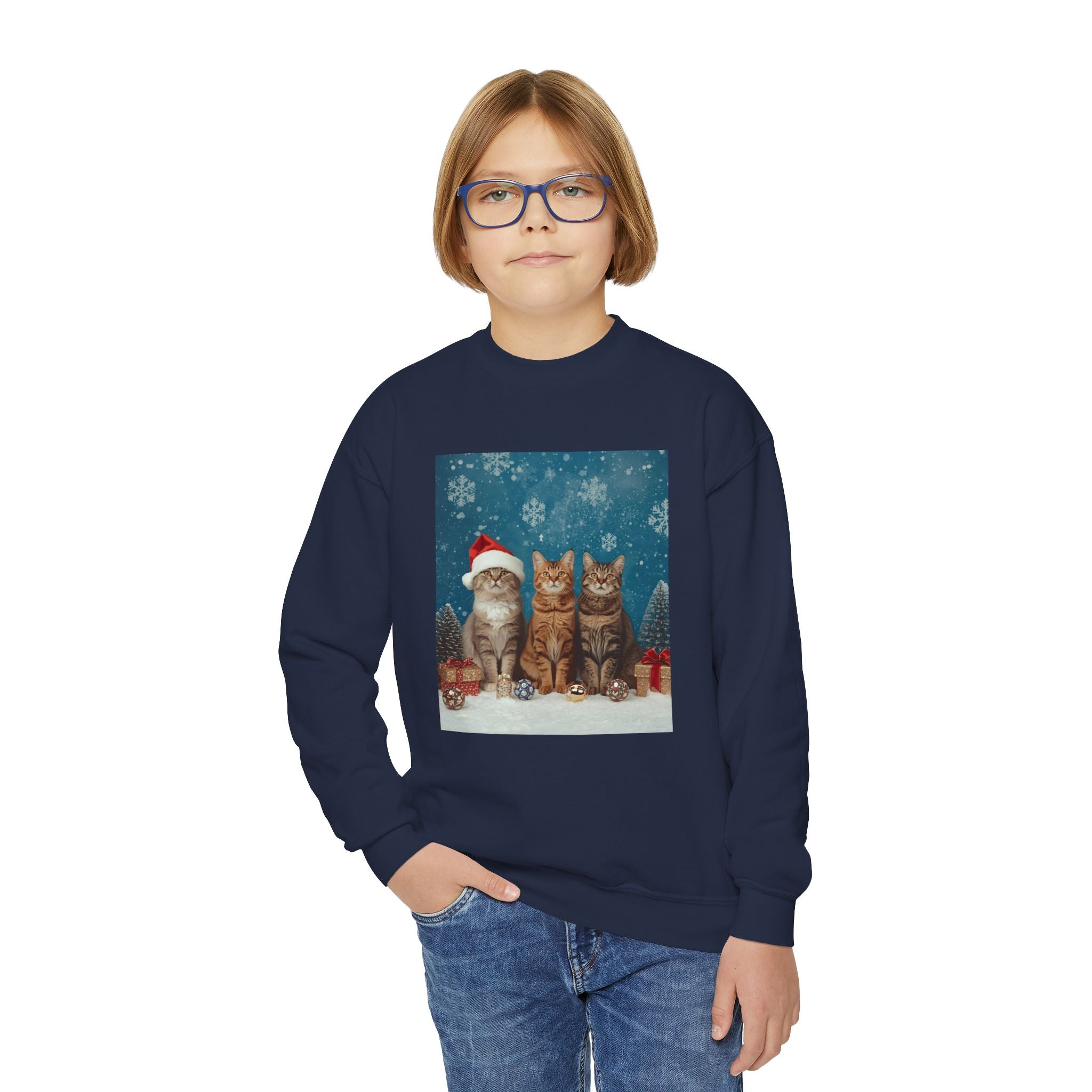 Cute Cat Festive Christmas Youth Crewneck Sweatshirt