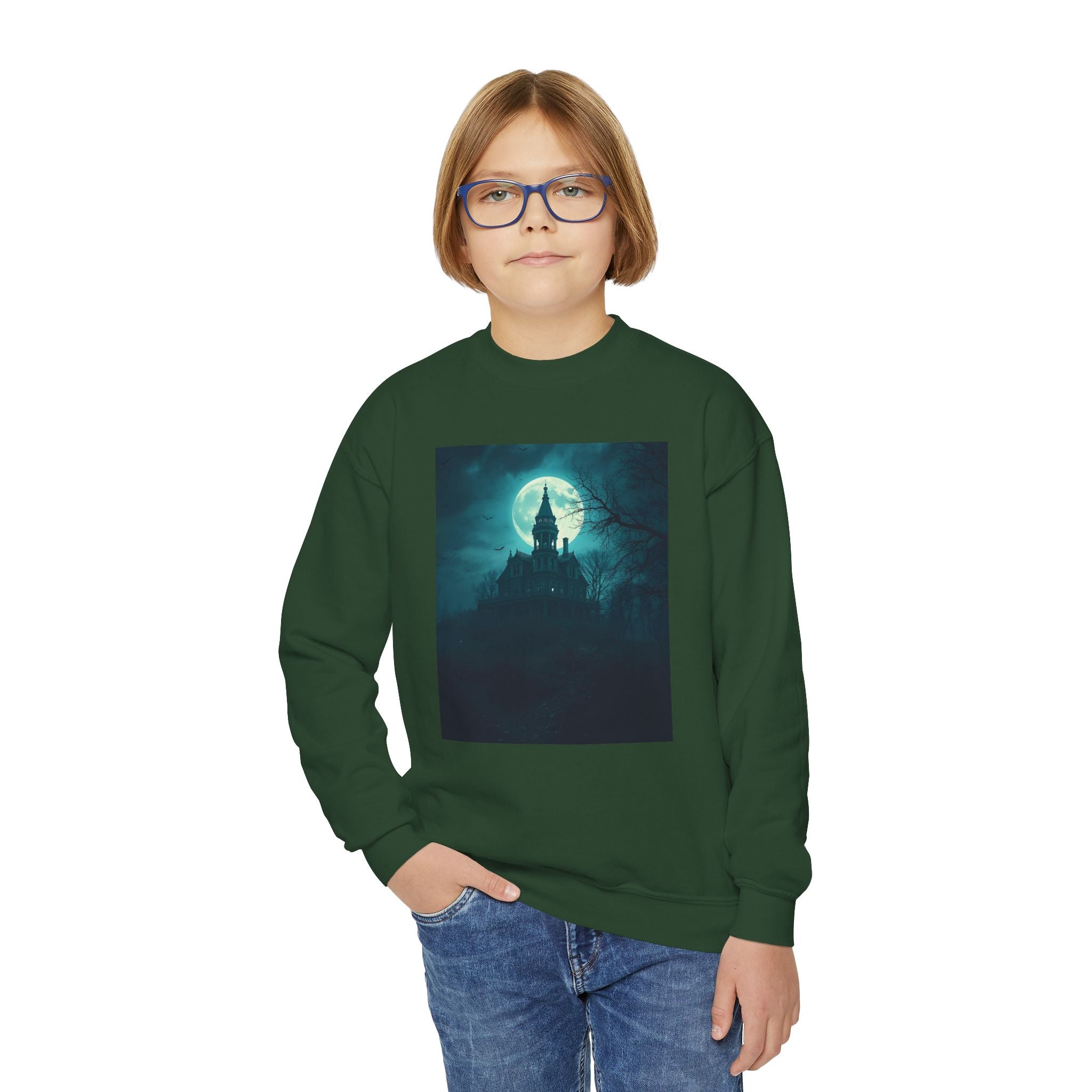 Haunted Moonlight Spooky Castle Youth Crewneck Sweatshirt | Halloween Gift, Cozy Sweatshirt for Kids, Unique Graphic Sweatshirt, Autumn Wardrobe Essential