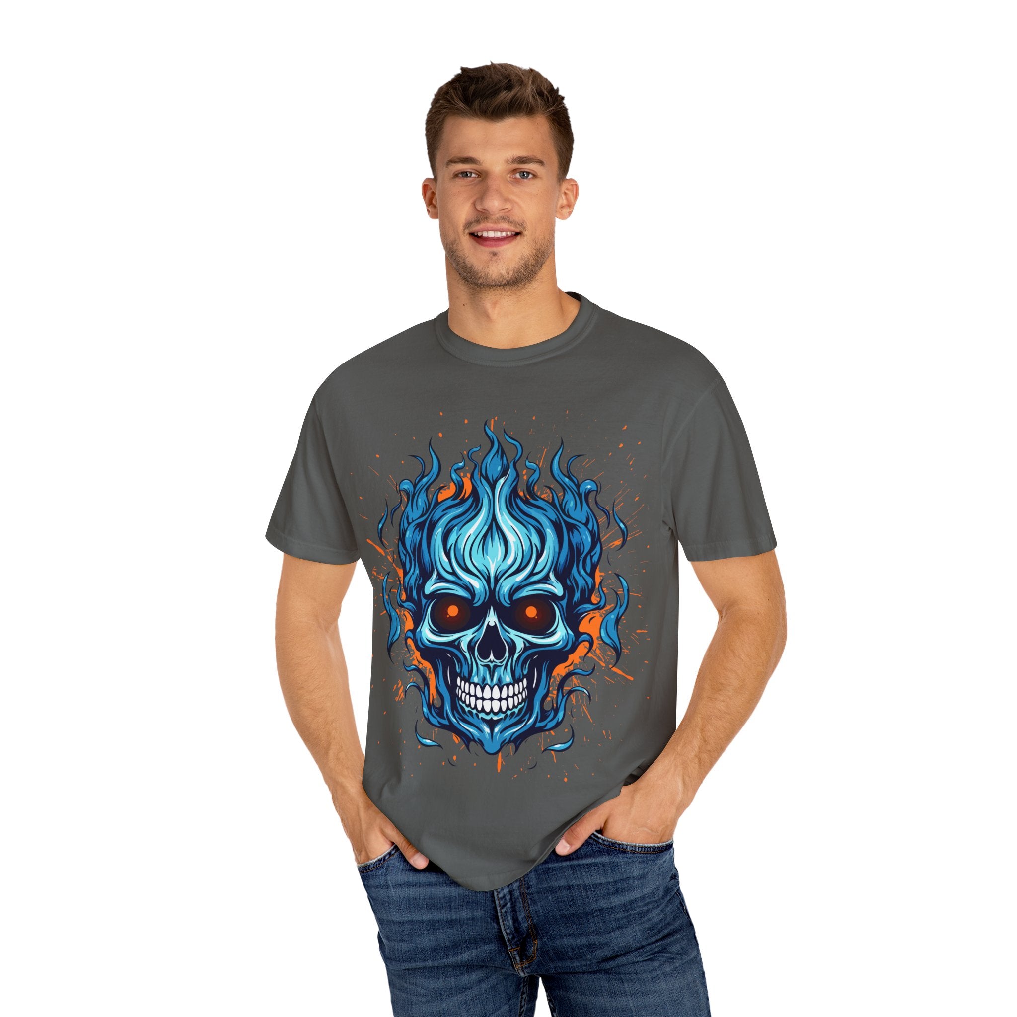 Flame Skull Graphic T-Shirt | Unisex Apparel for Rock Lovers, Halloween Costume, Edgy Style, Concert Fashion, Gift for Him/Her