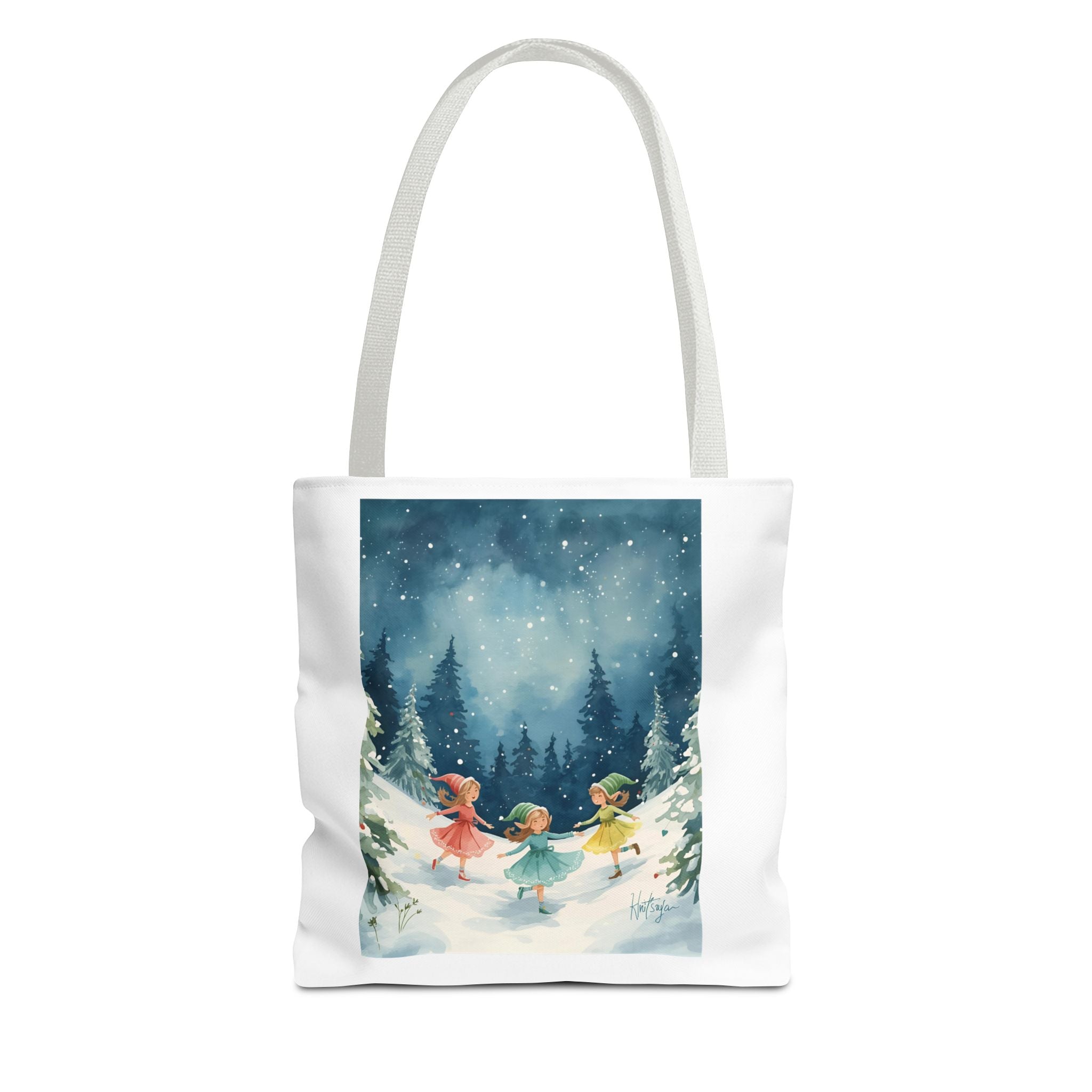Winter Wonderland Tote Bag, Cute Girls Playing in Snow, AOP Design, Perfect for Gifts, Seasonal Bag, Eco-Friendly Shopping