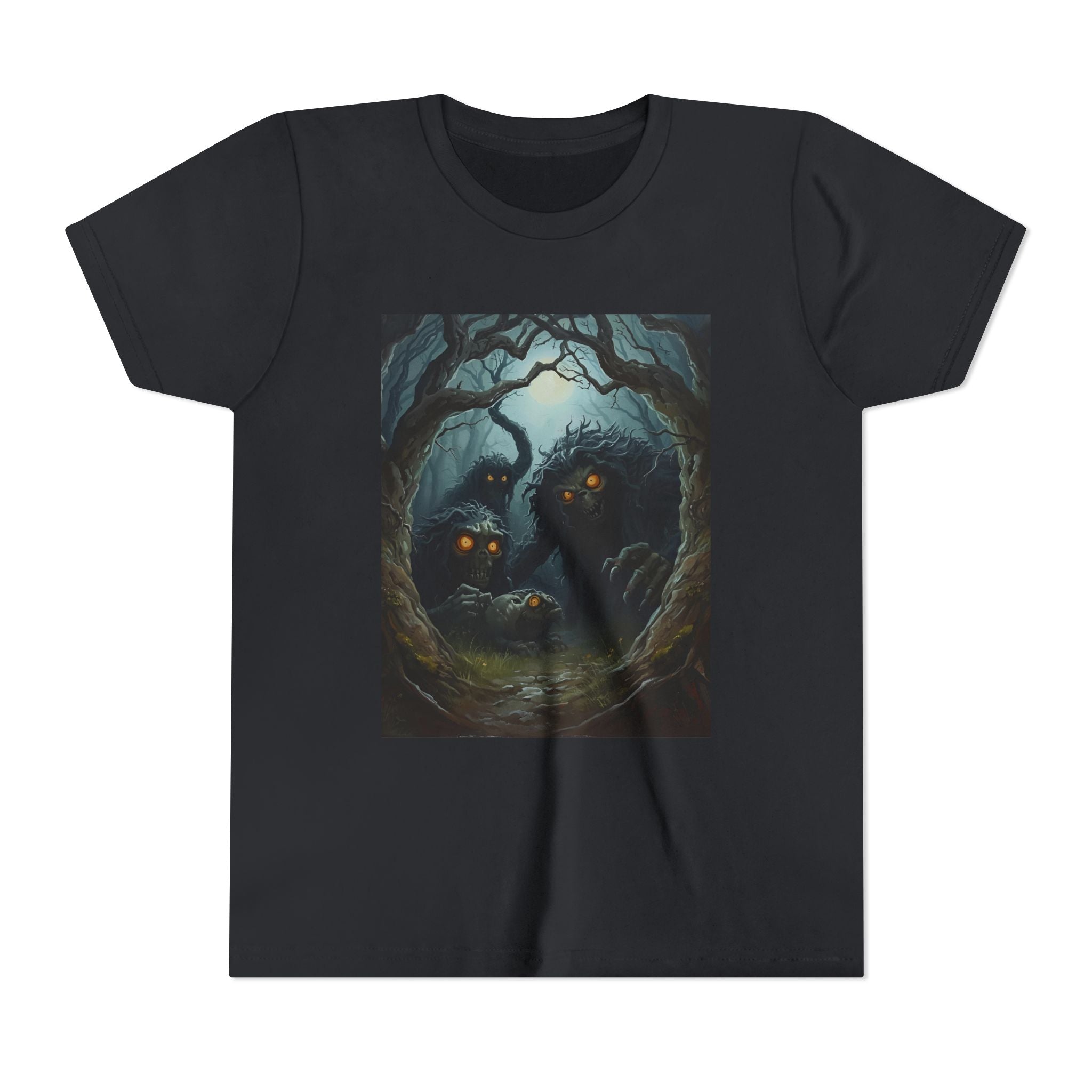 Spooky Mystical Forest Creatures Youth Tee, Cool Graphic T-Shirt, Kids Nature Shirt, Unique Gift for Boys & Girls, Perfect for Halloween