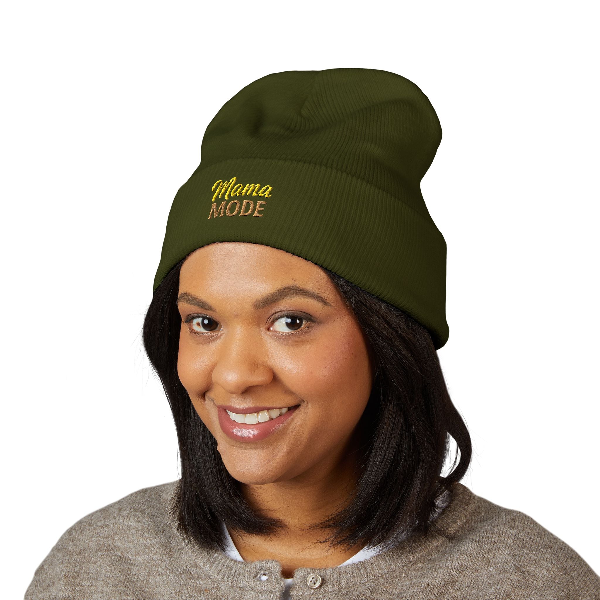 Mama Mode Embroidered Cuffed Beanie — Cozy Mom Hat, New Mom Gift