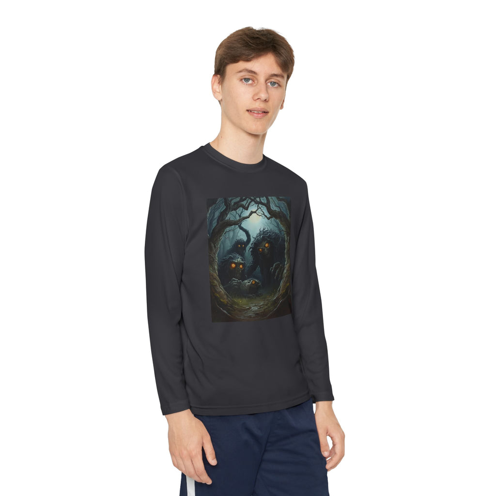 Spooky Forest Creatures Youth Long Sleeve Tee with Enchanted Forest Design, Comfortable Unisex T-Shirt for All Seasons, Perfect for Halloween and Nature Lovers