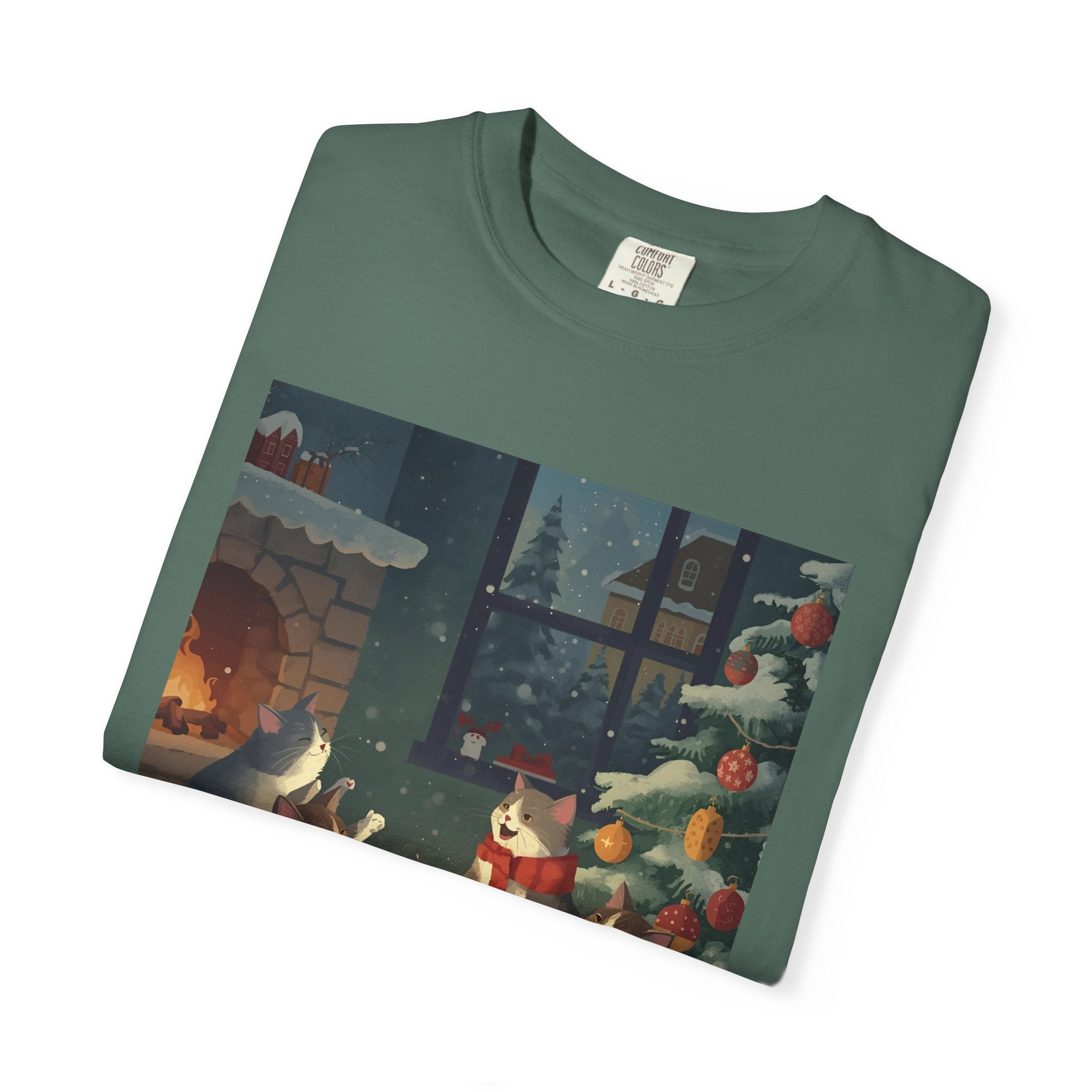 Cozy Winter Cat T-shirt, Unisex Garment-Dyed Shirt, Holiday Gift, Christmas Apparel, Cat Lover Tee, Festive Casual Wear