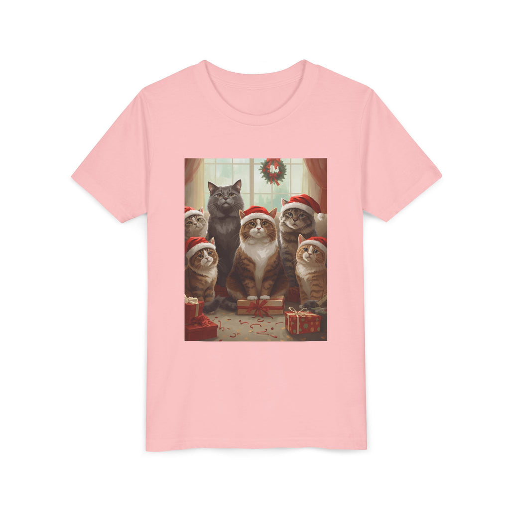 Cute Festive Christmas Cat Youth Short Sleeve Tee