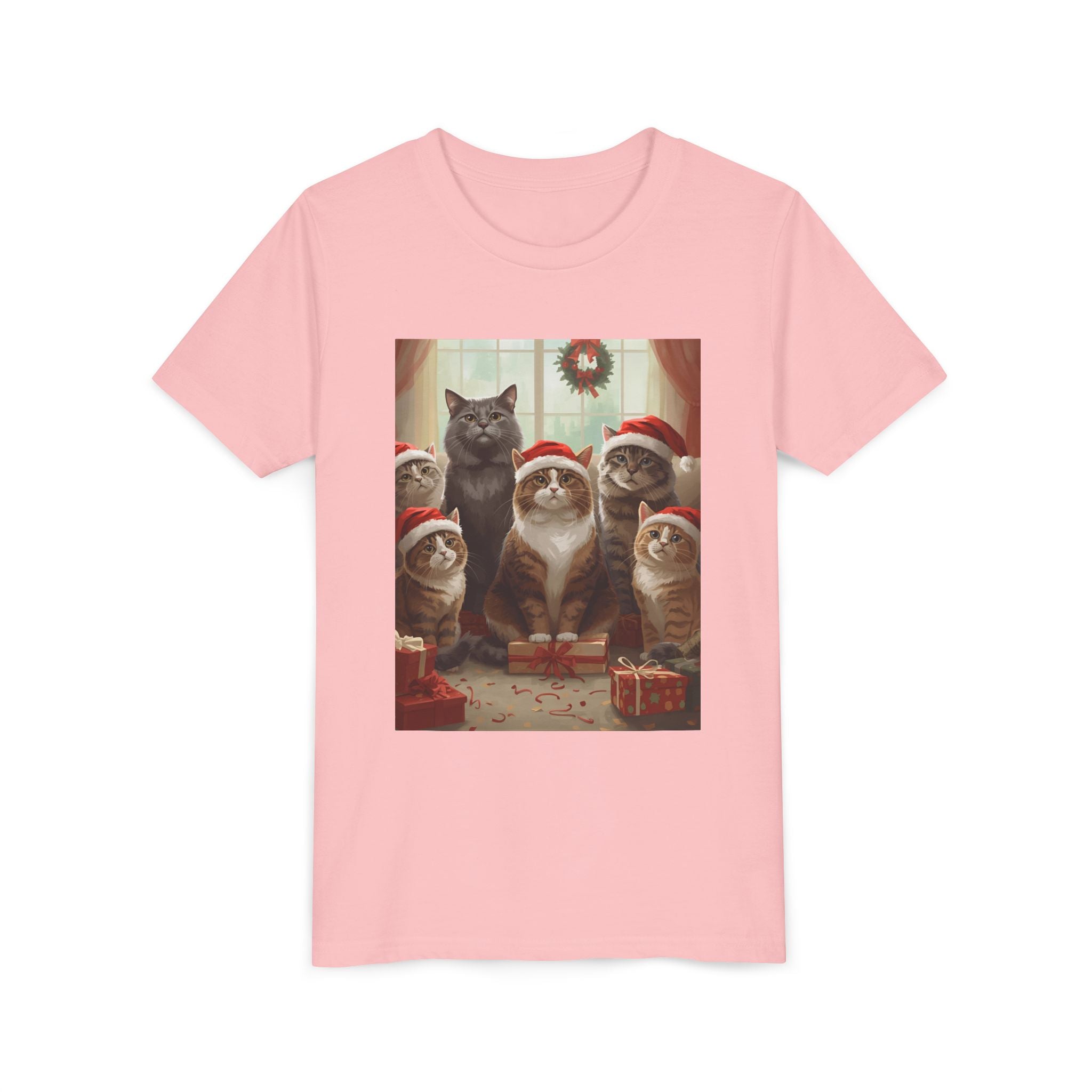 Cute Festive Christmas Cat Youth Short Sleeve Tee
