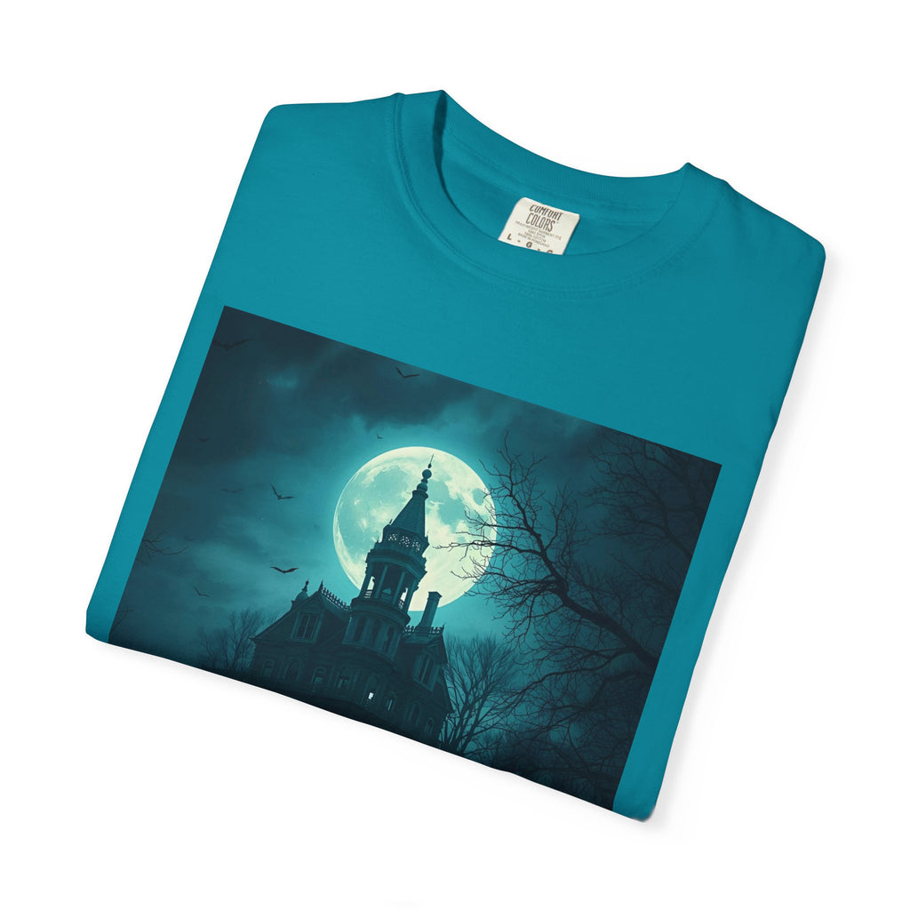 Haunted Moonlight Spooky Castle Graphic Tee | Unisex Garment-Dyed T-shirt, Halloween Shirt, Graphic Tee, Casual Wear, Gift for Ghost Lovers