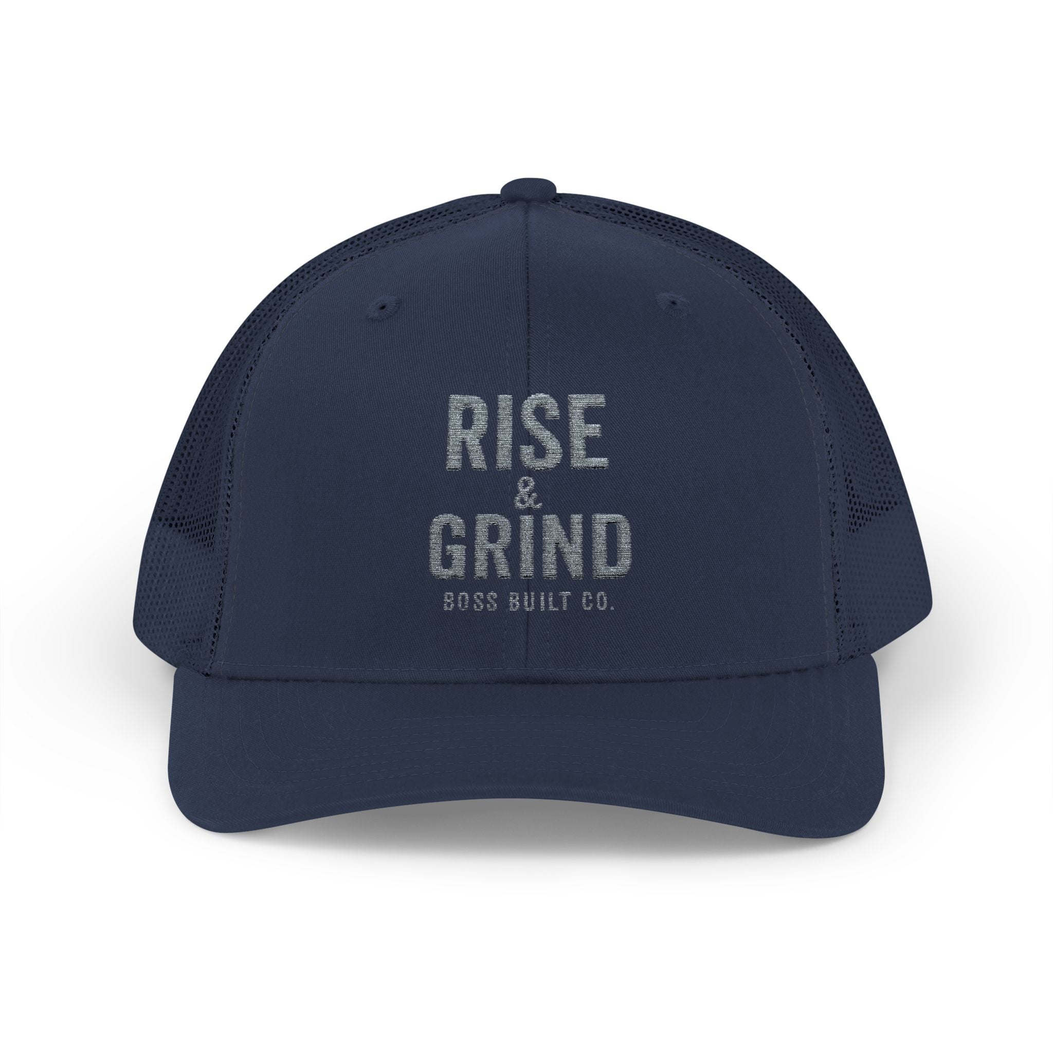 Boss Built Co Rise & Grind Snapback Trucker Cap — Motivational Embroidered Hat