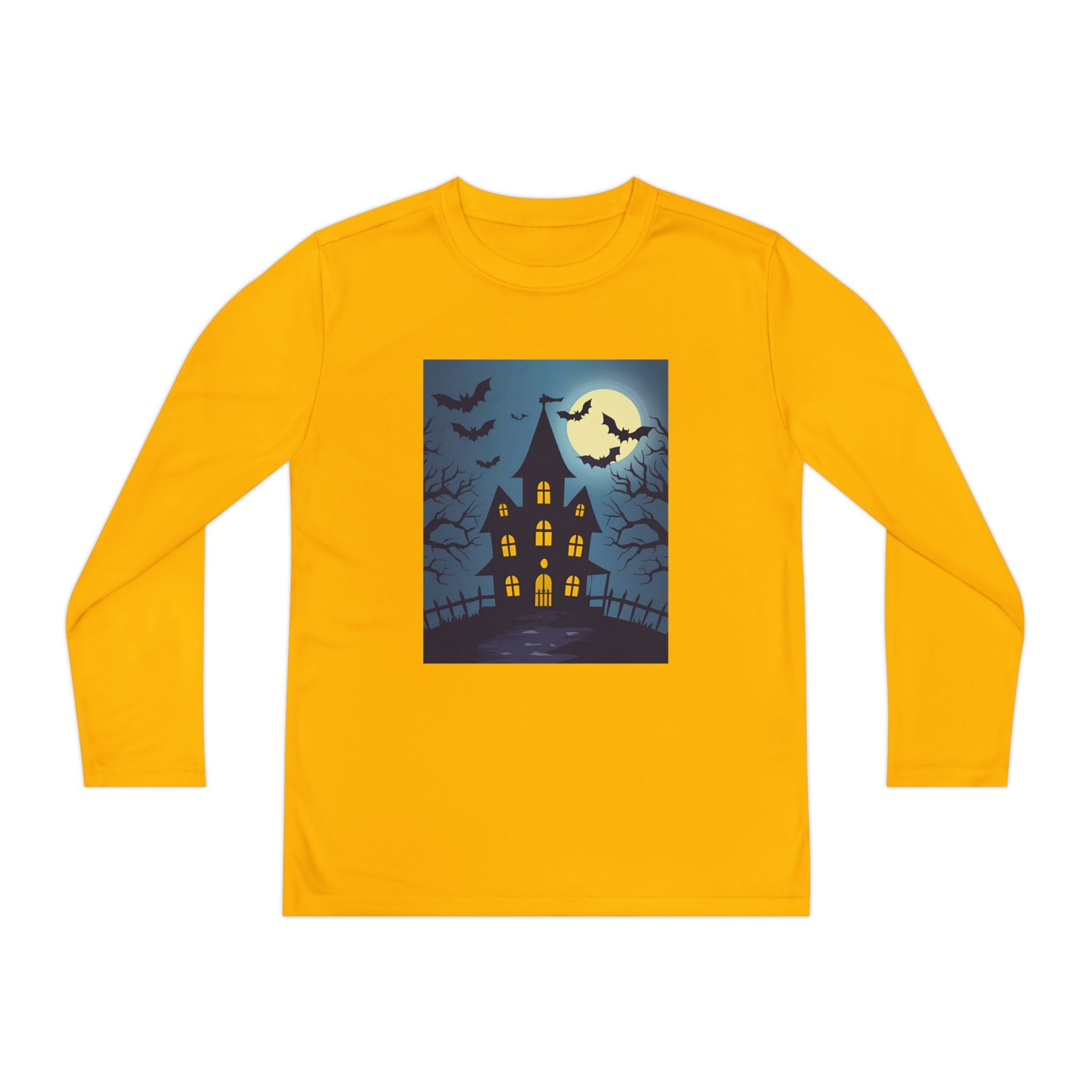 Halloween Haunted House Youth Long Sleeve Tee, Halloween Shirt, Spooky Tee, Ghostly Nightwear, Fall Apparel, Kids Halloween Costume