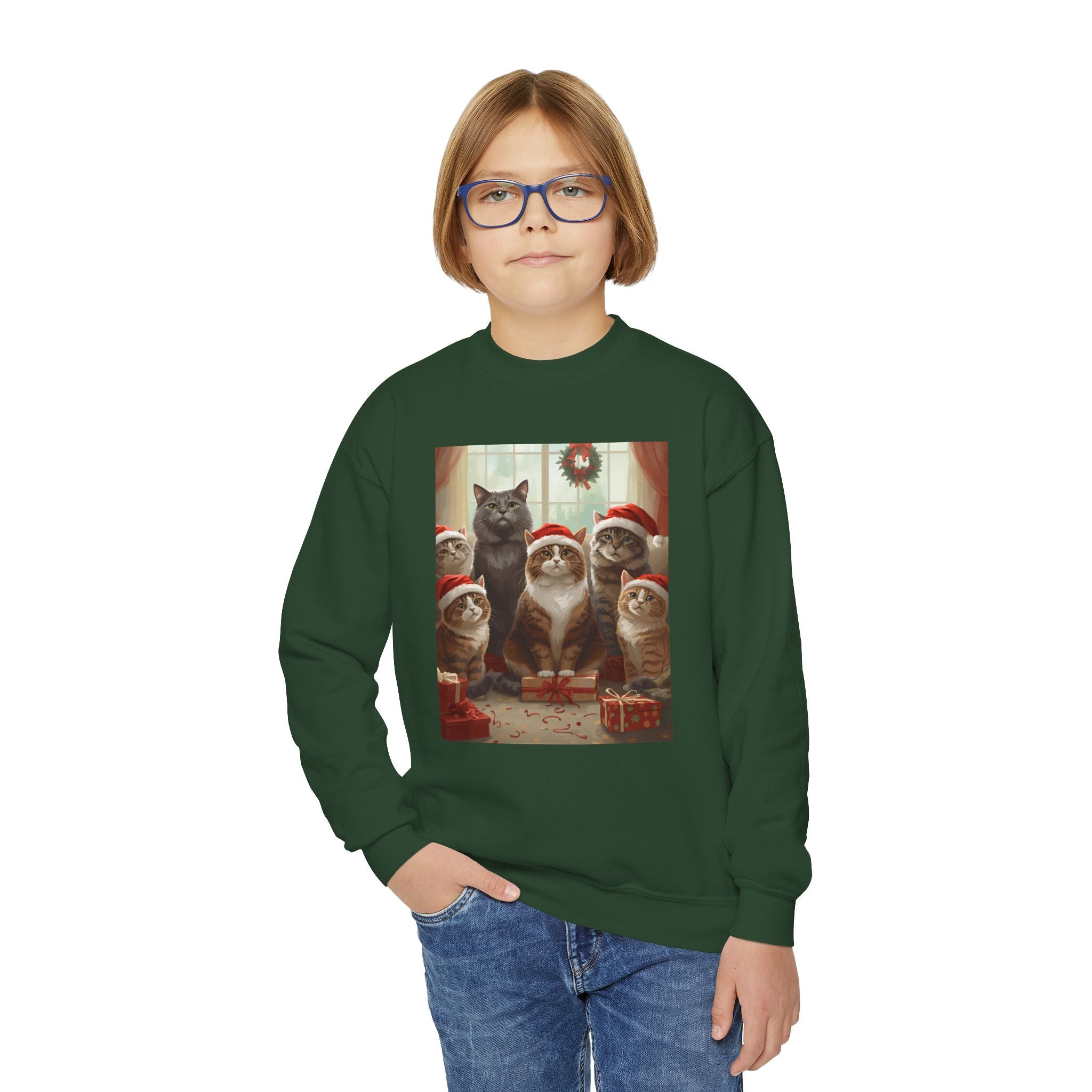 Cute Festive Christmas Cat Youth Crewneck Sweatshirt