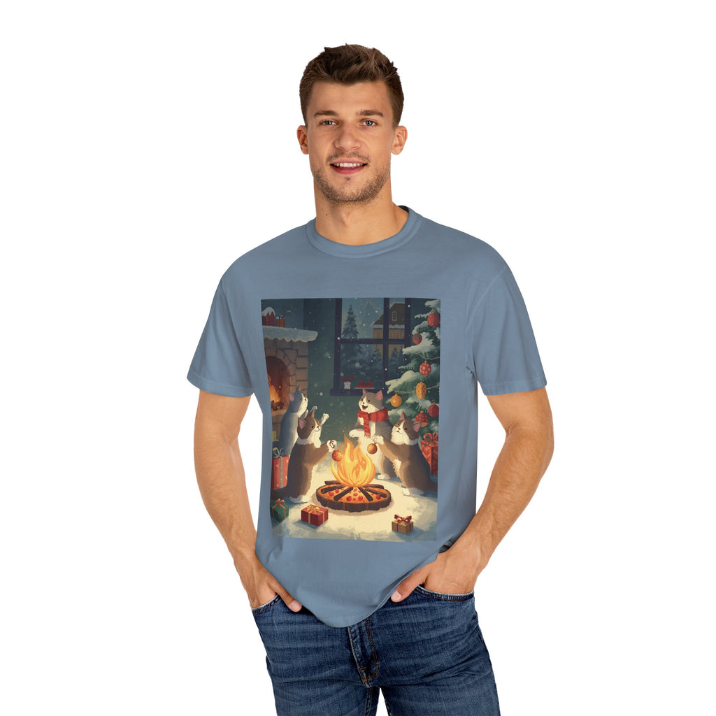 Cozy Winter Cat T-shirt, Unisex Garment-Dyed Shirt, Holiday Gift, Christmas Apparel, Cat Lover Tee, Festive Casual Wear
