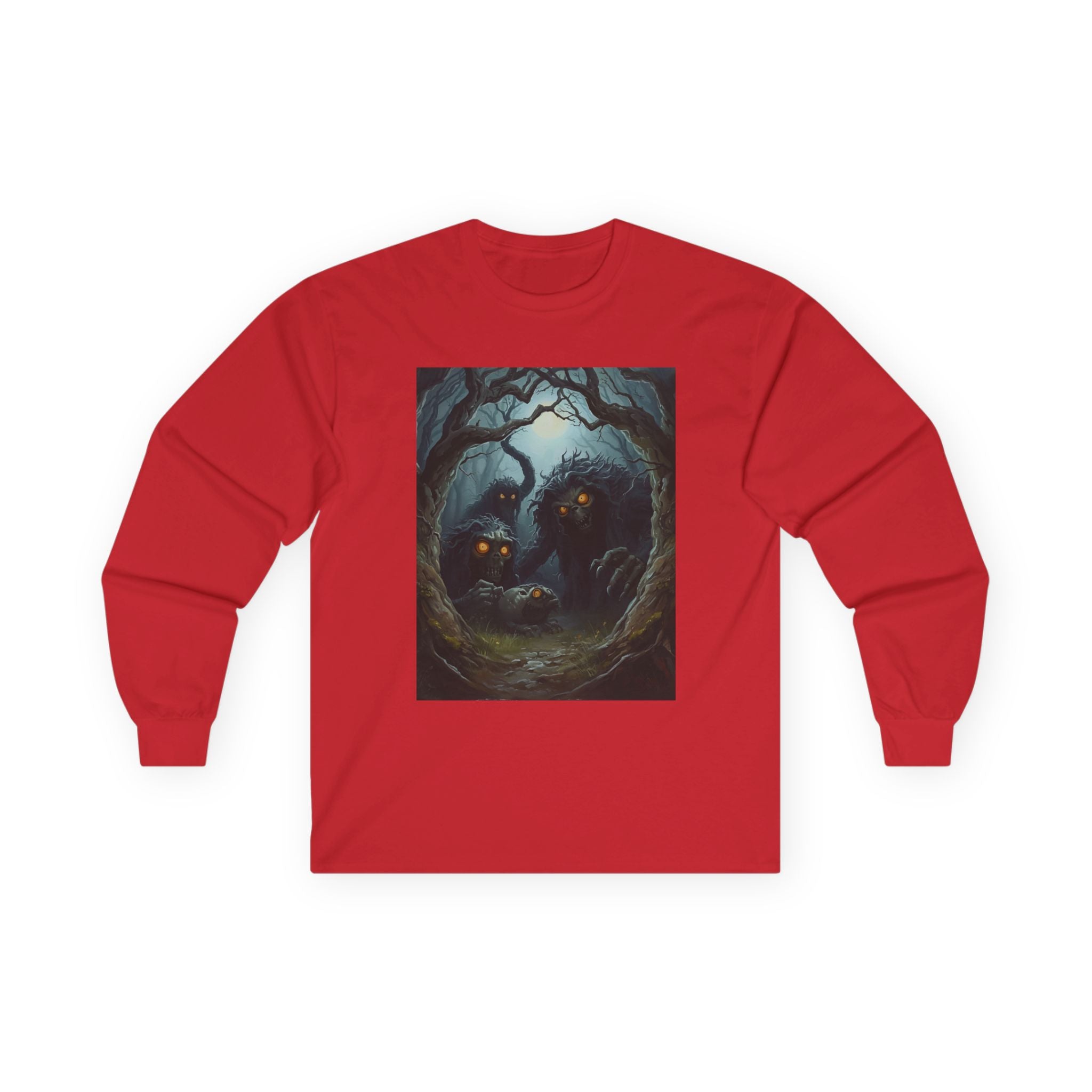 Spooky Mystical Forest Long Sleeve Tee - Cozy Unisex Shirt, Fall Fashion, Nature Lover Gift, Halloween Apparel, Unique Art Tee